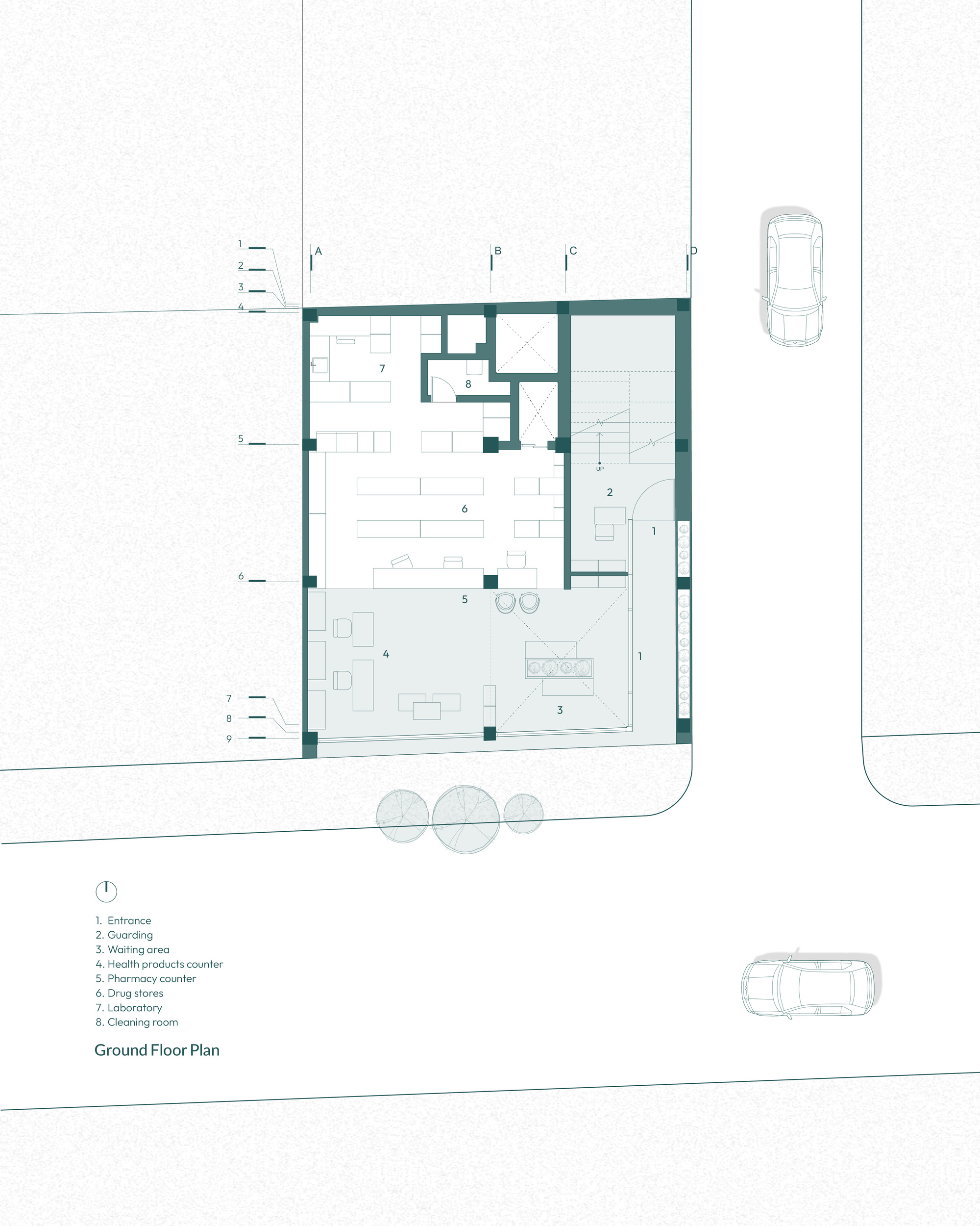 Ground floor plan drawing showing the entrance, waiting area, pharmacy counter, drug stores and laboratory within a square footprint beside the street