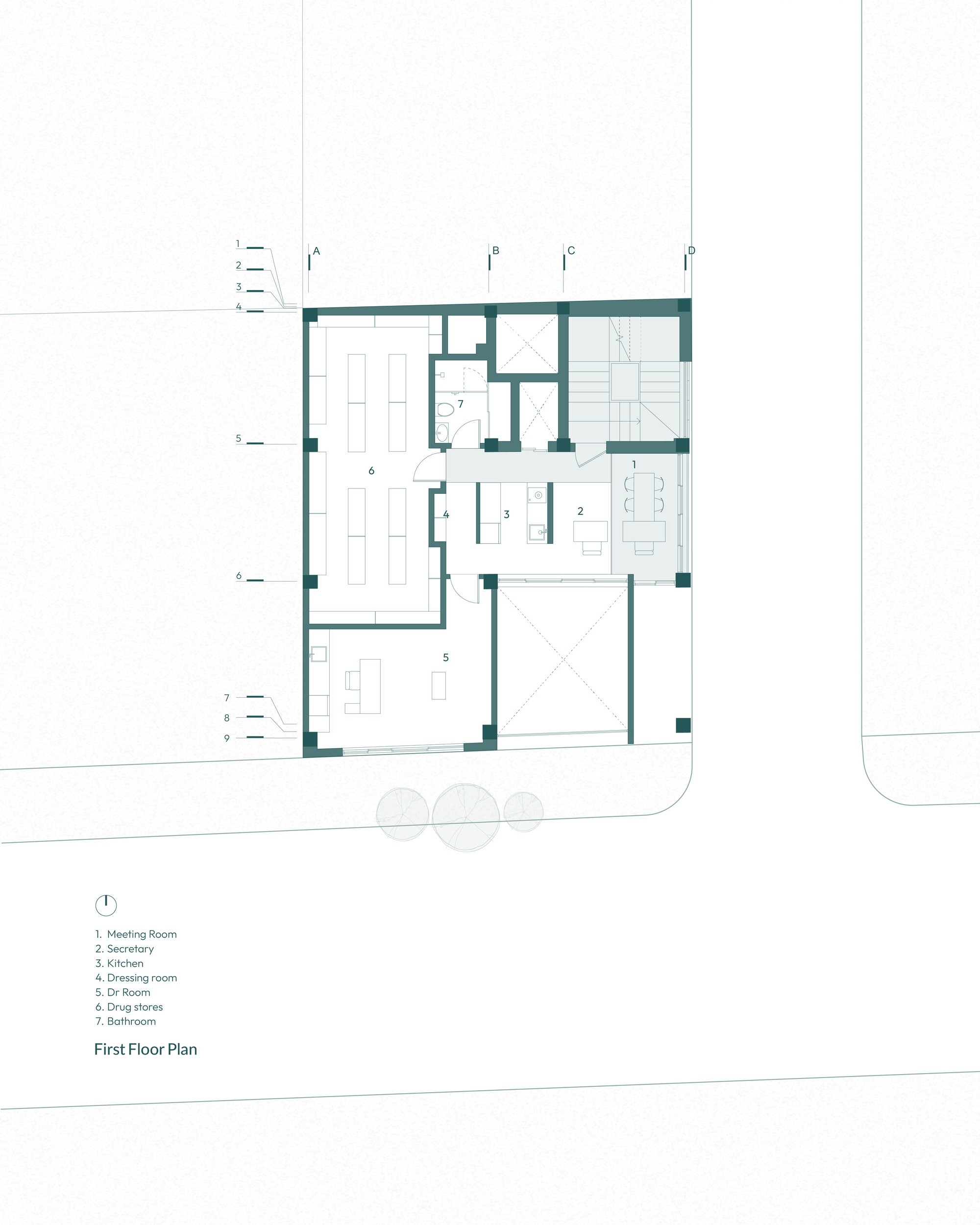 First floor plan drawing showing meeting room, secretary and kitchen, with drug store shelving and a doctor's room around a central stair core