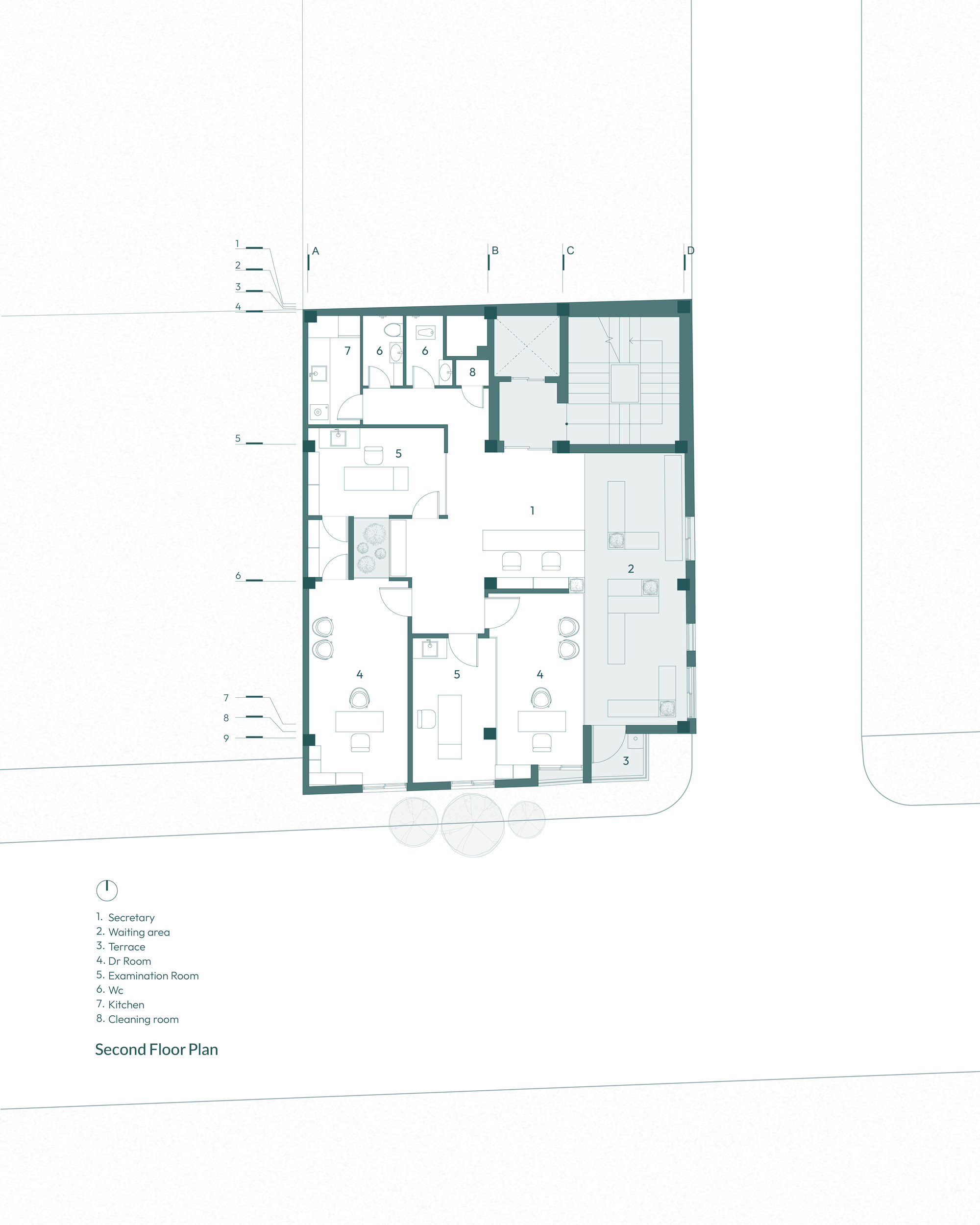 Second floor plan drawing showing a secretary desk, waiting area, doctor rooms and examination rooms around a central stair core, with trees along the street ed
