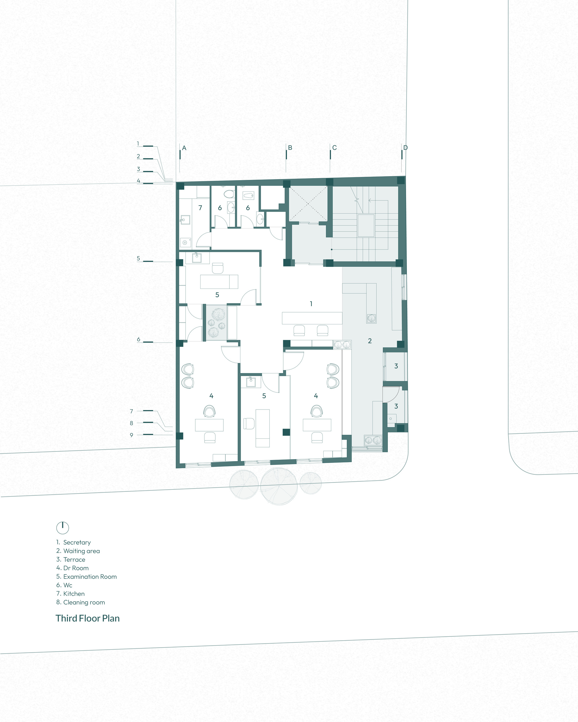 Third floor plan drawing with a central secretary area, doctor rooms along the street side and a long waiting strip with two small terraces