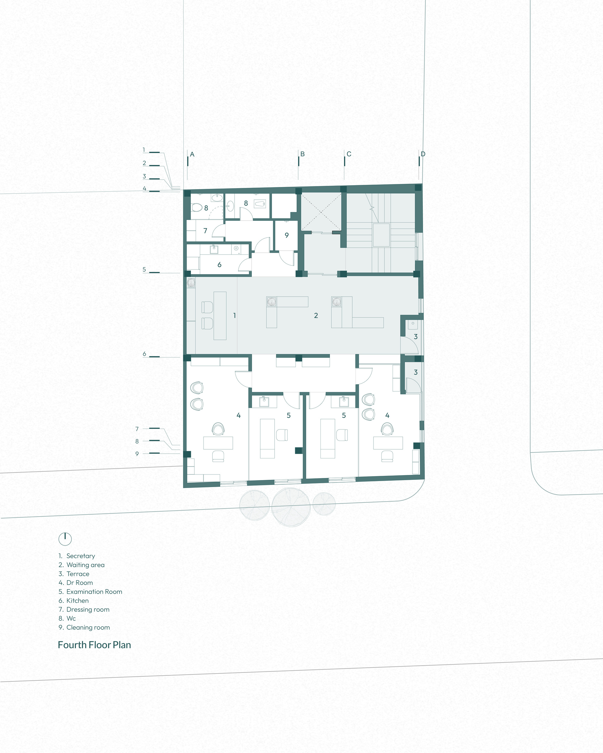 Fourth floor plan drawing with a wide waiting hall across the middle and doctor and examination rooms lined along the street front