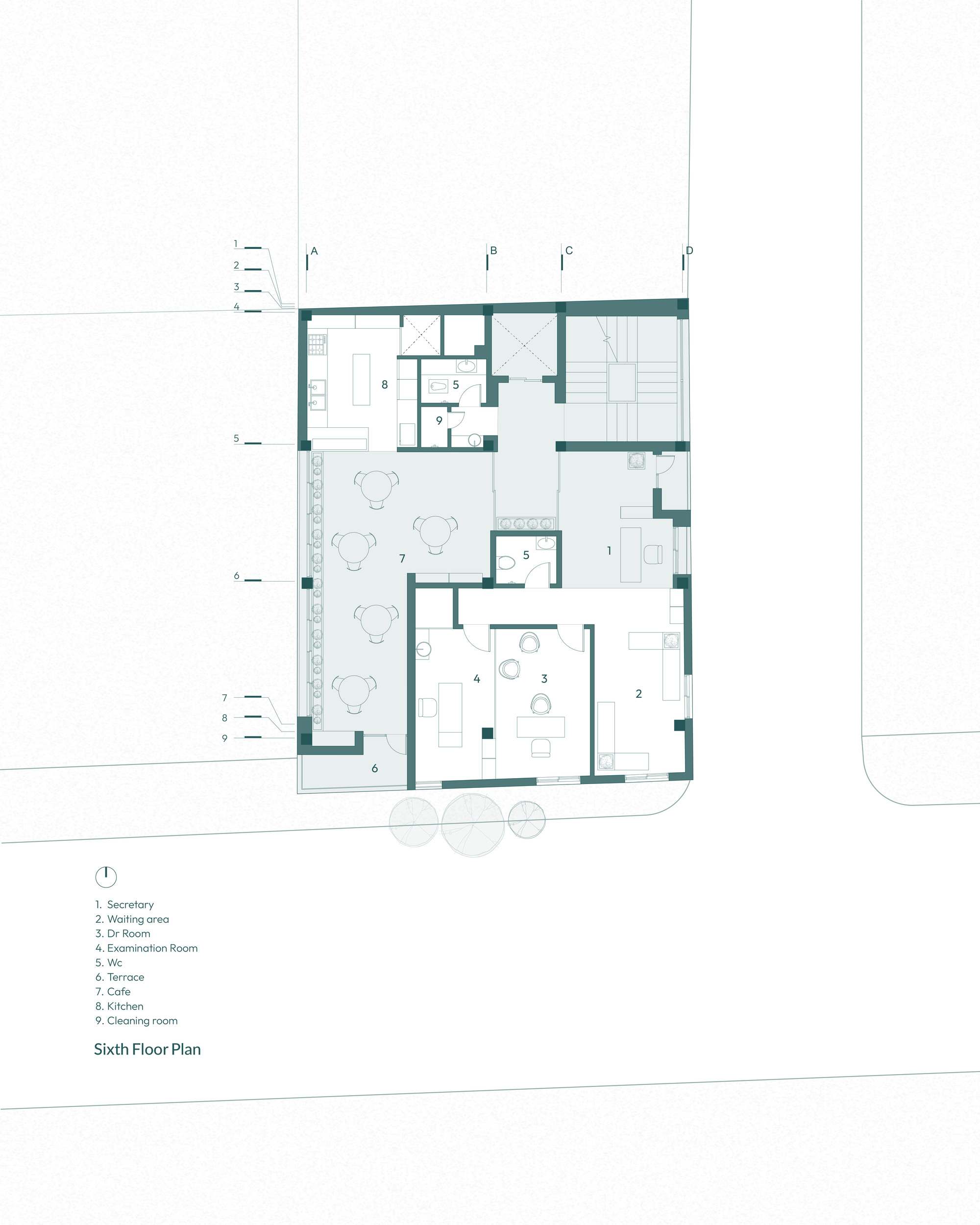 Sixth floor plan drawing showing a cafe with round tables and a terrace beside doctor rooms, a kitchen and a stair core
