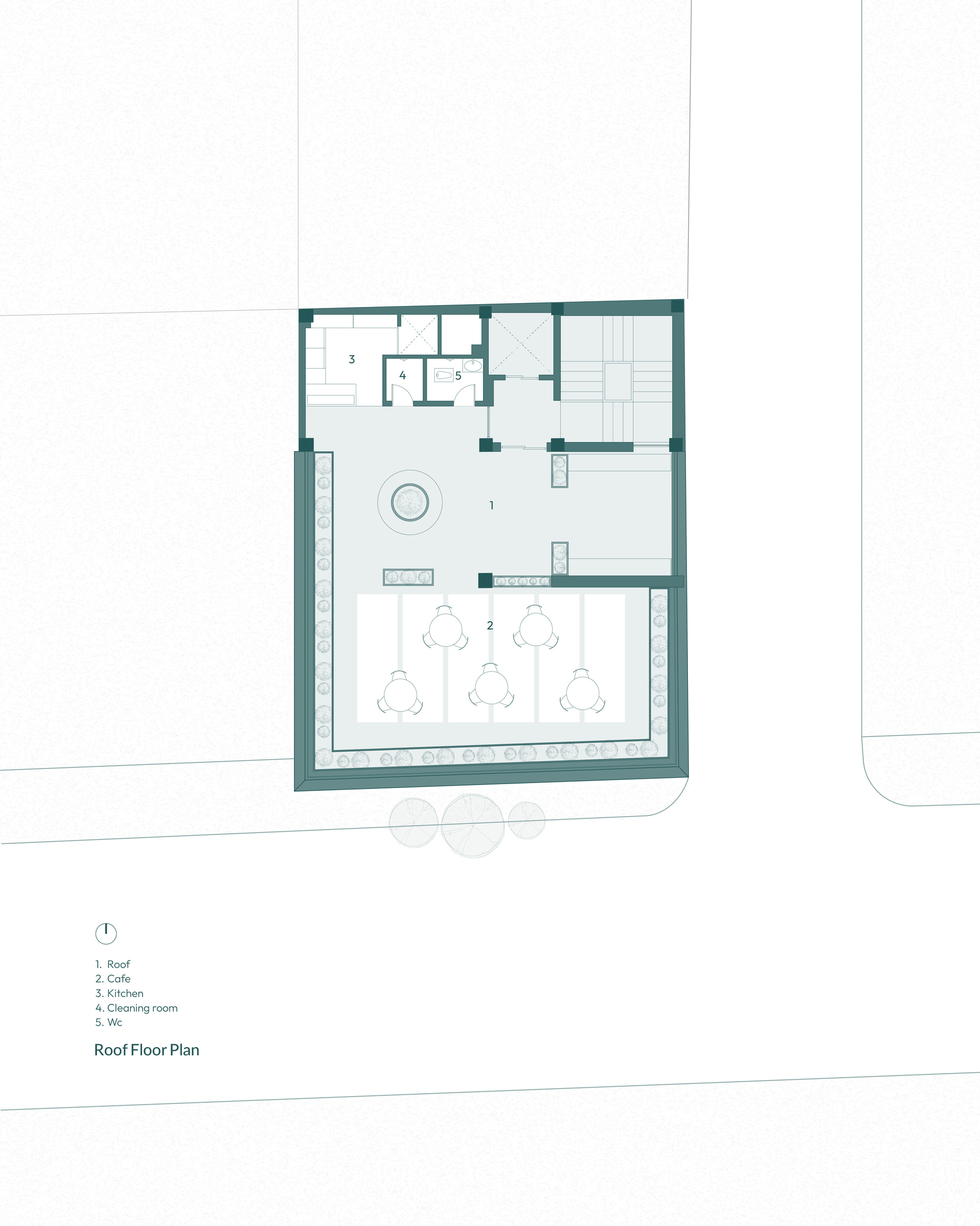 Roof floor plan drawing showing a cafe with six round tables, a planted parapet edge and a circular feature near the stair