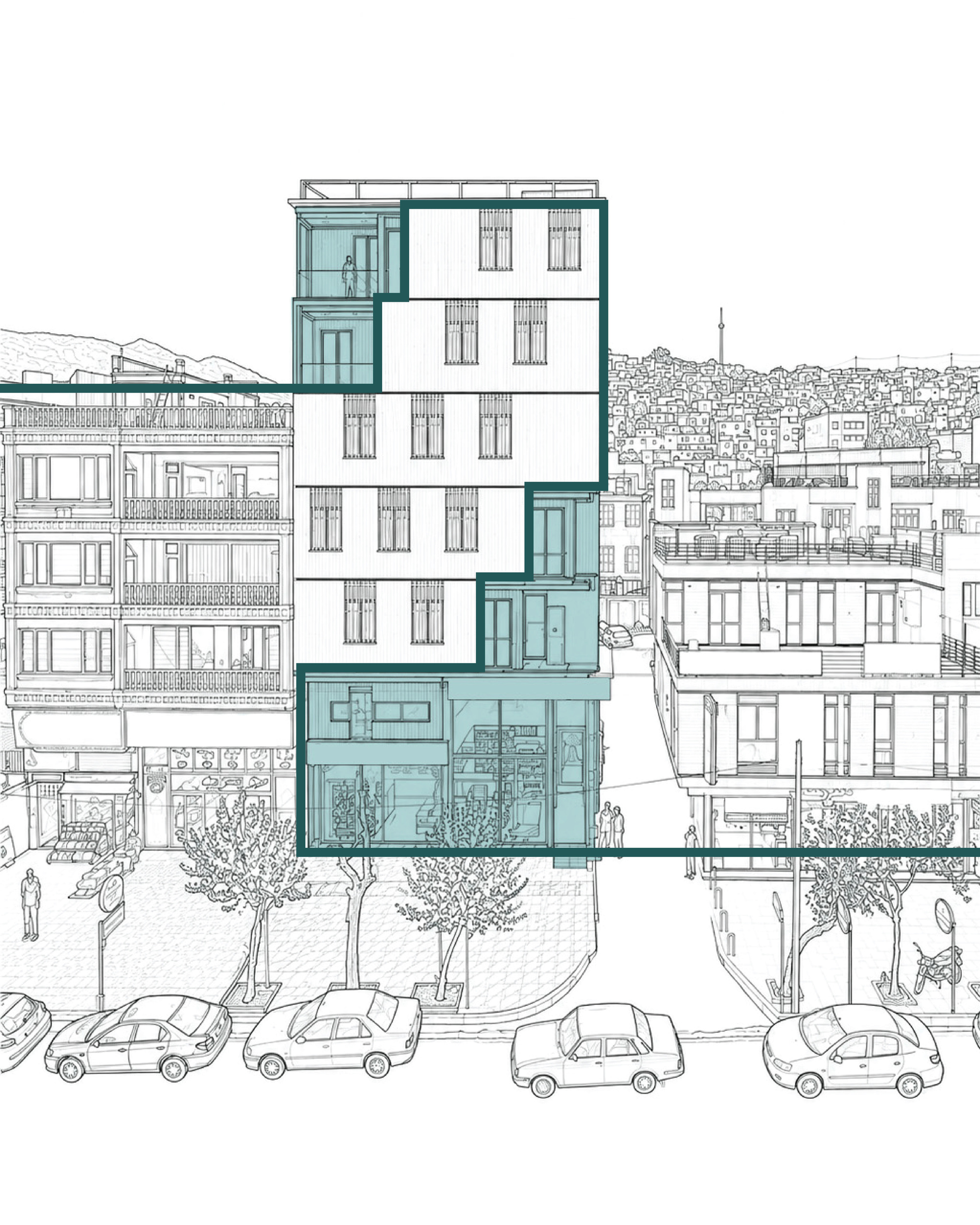 Section elevation drawing of the stepped building with a glazed ground floor shop, set between neighboring blocks, parked cars and street trees