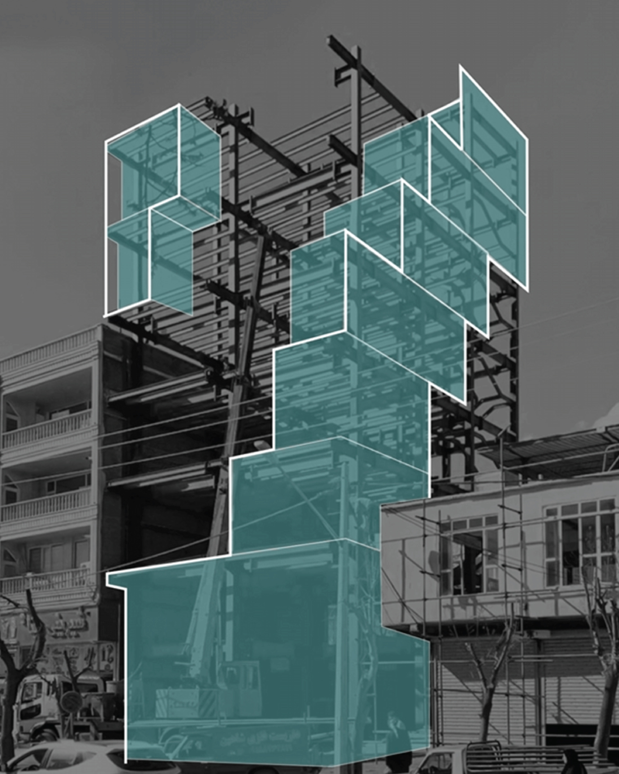 Black and white photo of a steel frame under construction with teal translucent volumes stacked diagonally over it, beside a scaffolded street building