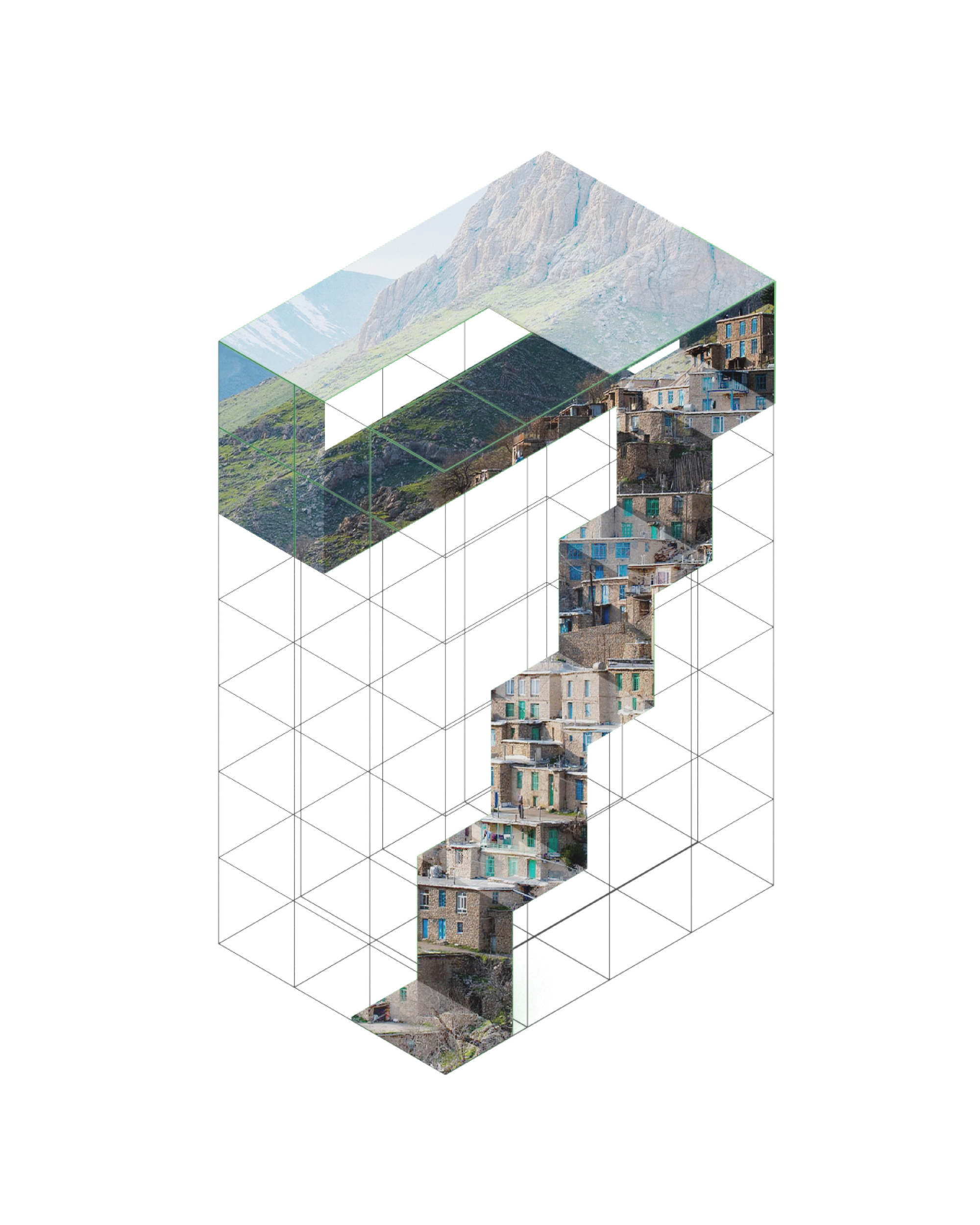 Isometric collage drawing in a gridded box, with a stepped village photograph climbing diagonally to a mountain slope on the roof plane