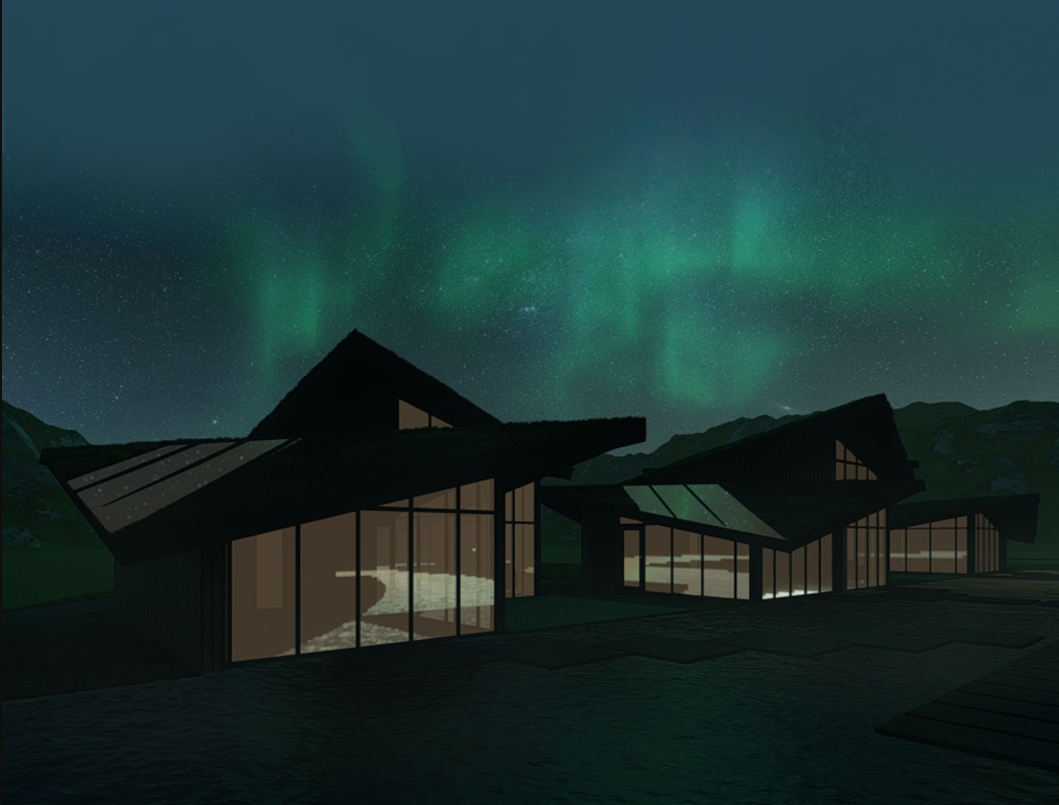 Night rendering of low timber pavilions with glazed gables and skylights glowing beneath green northern lights over dark hills. Image: Daniela Georgieva