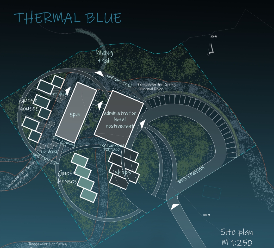 Site plan drawing showing spa, hotel and guest house blocks inside overlapping circular paths beside a river and bus station. Image: Daniela Georgieva