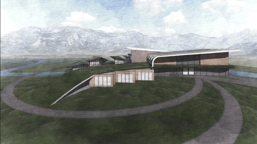 Sketch-style rendering of a grass-banked building with a curved roof edge above looping paths, with mountains behind under a cloudy sky. Image: Daniela Georgieva