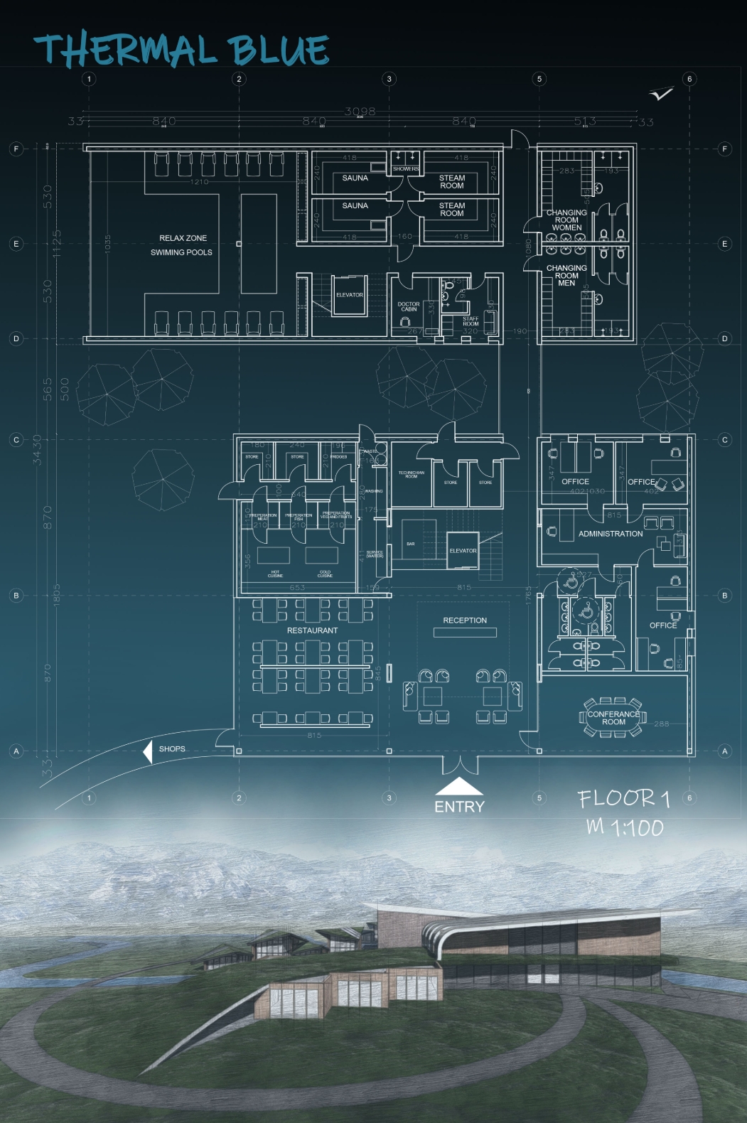 Ground floor plan drawing with pools, saunas, restaurant, reception and offices, above a rendering of the grassy hillside building. Image: Daniela Georgieva