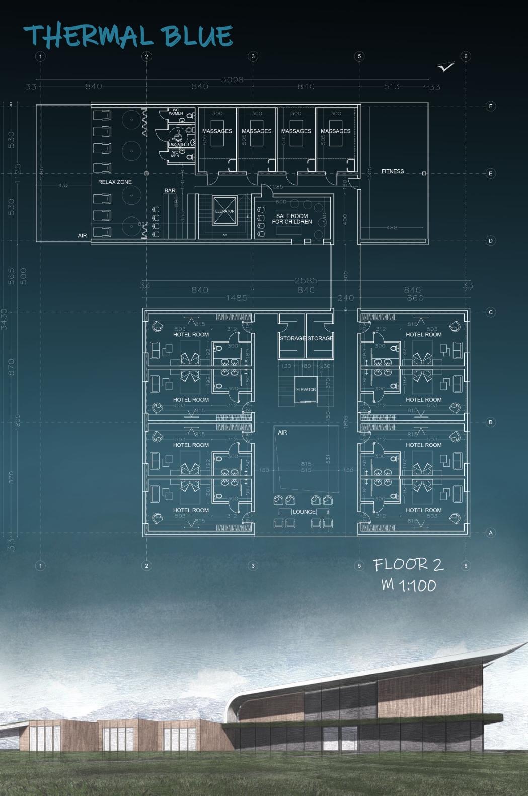 Second floor plan drawing with massage rooms, relax zone and paired hotel rooms, above a rendering of the curved roof facade. Image: Daniela Georgieva