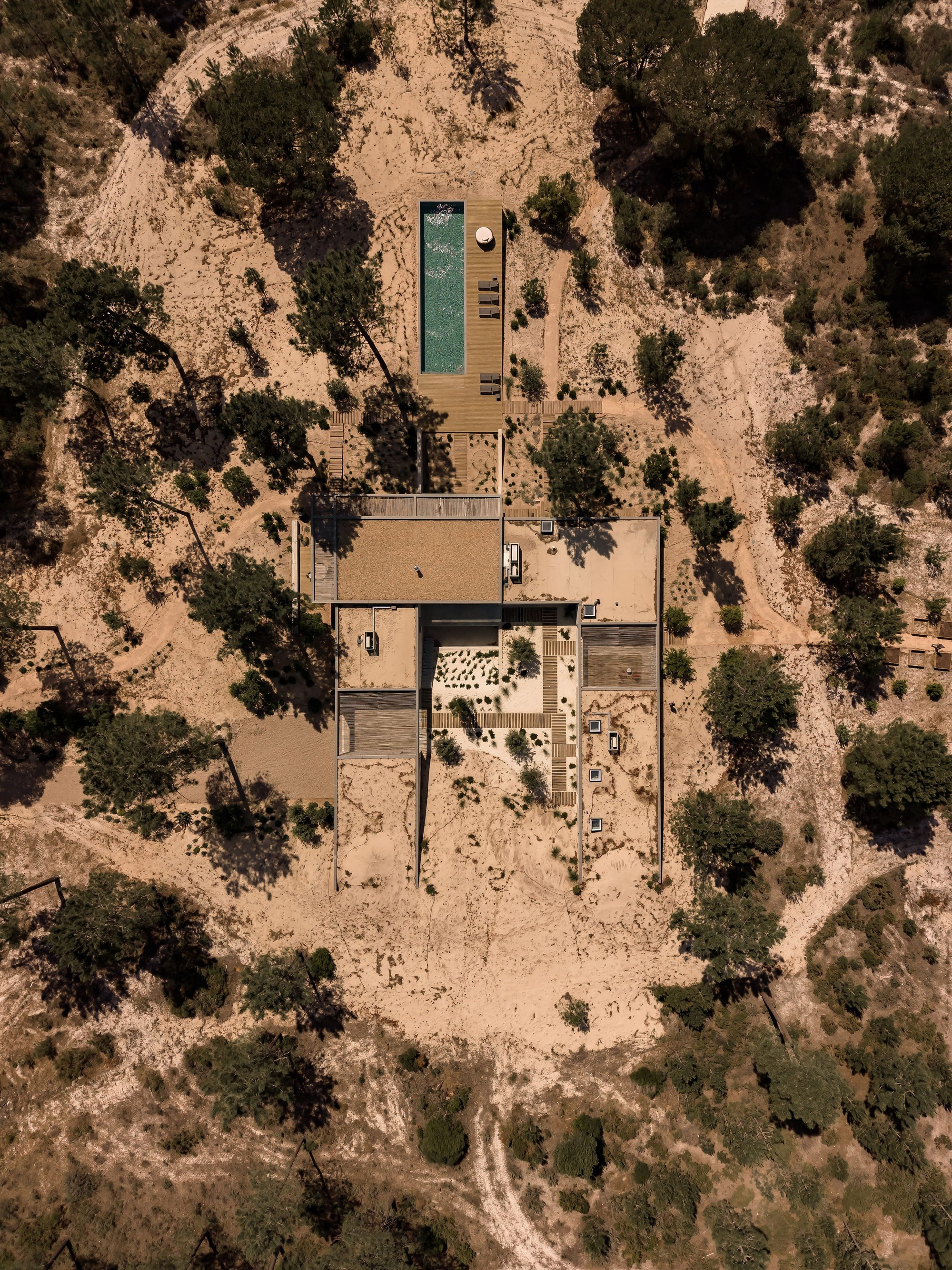 Aerial view of the courtyard house and long pool deck set among pines on pale sandy ground