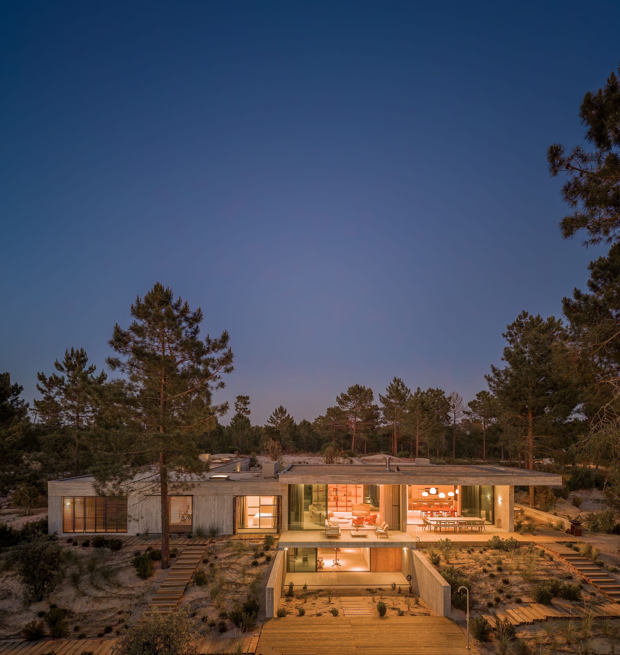 Glazed living pavilion with a cantilevered concrete roof glowing at twilight, reached by timber steps through pines and dunes