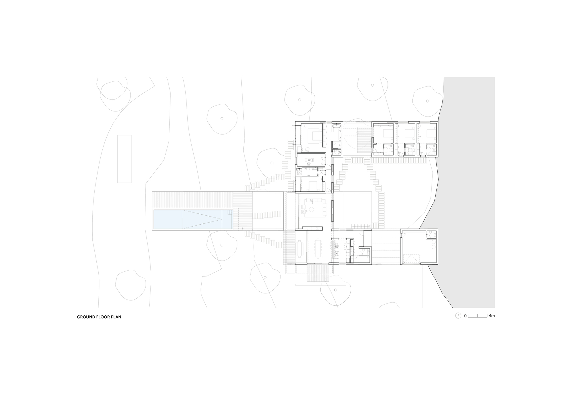 Ground floor plan drawing showing bedroom wings around a courtyard, with a cantilevered pool and stepped paths among trees