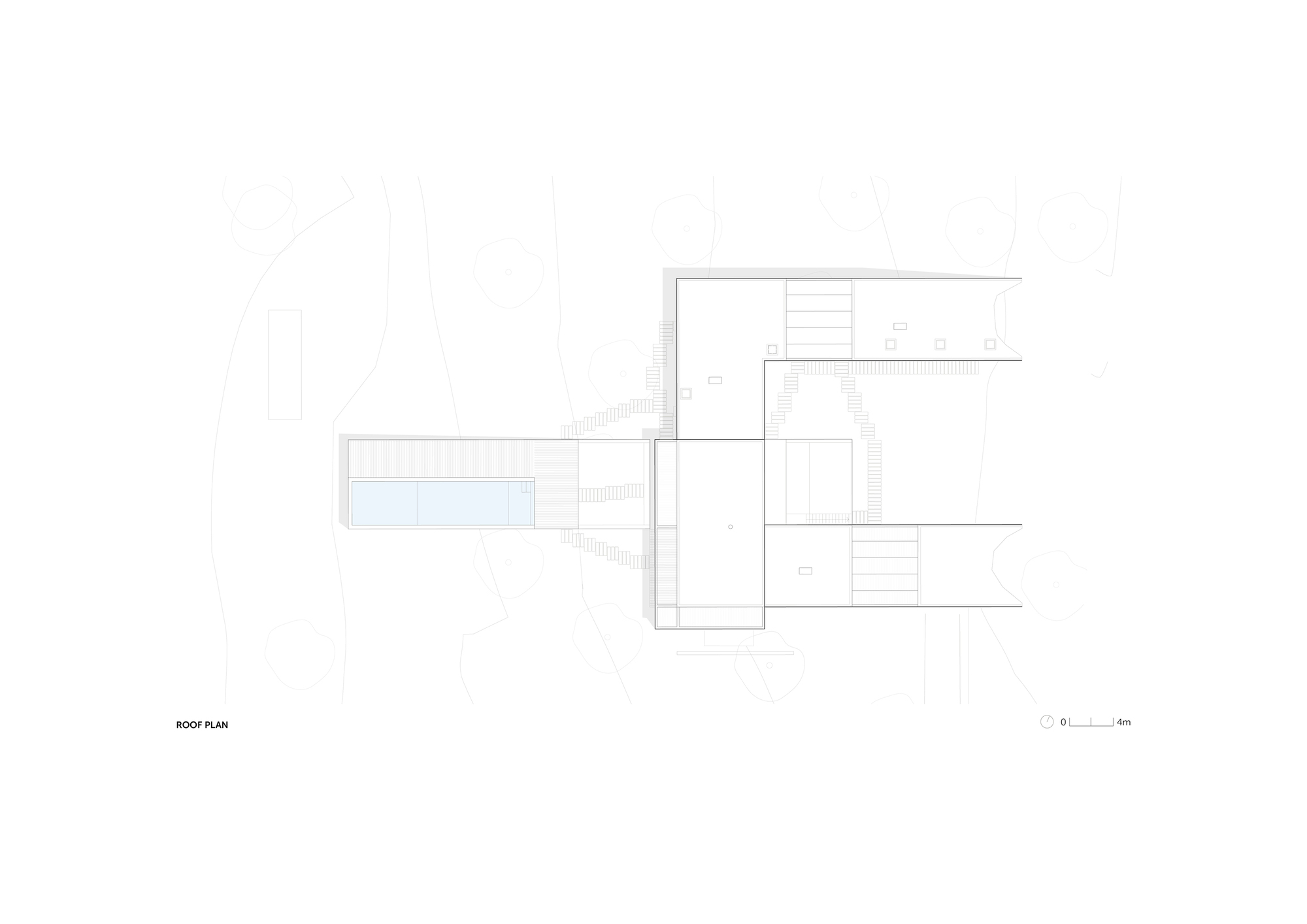 Roof plan drawing showing the layered flat roofs, rooftop terraces and the pool extending beyond the house into scattered trees