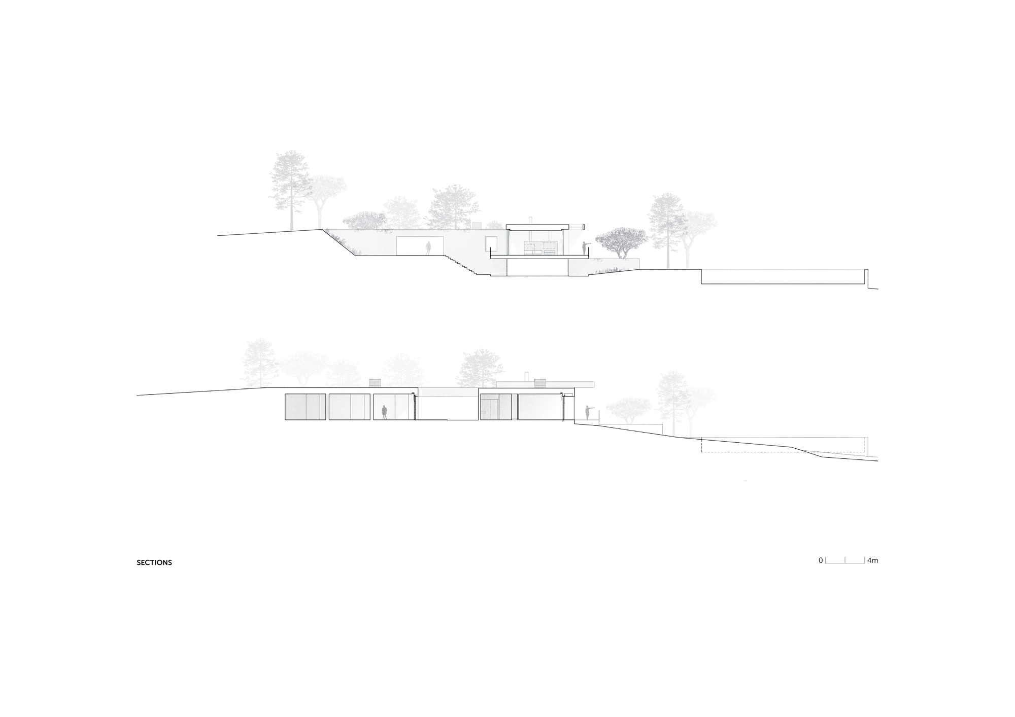 Two section drawings cutting through the house, showing a low glazed volume stepping down a sloping site with trees behind