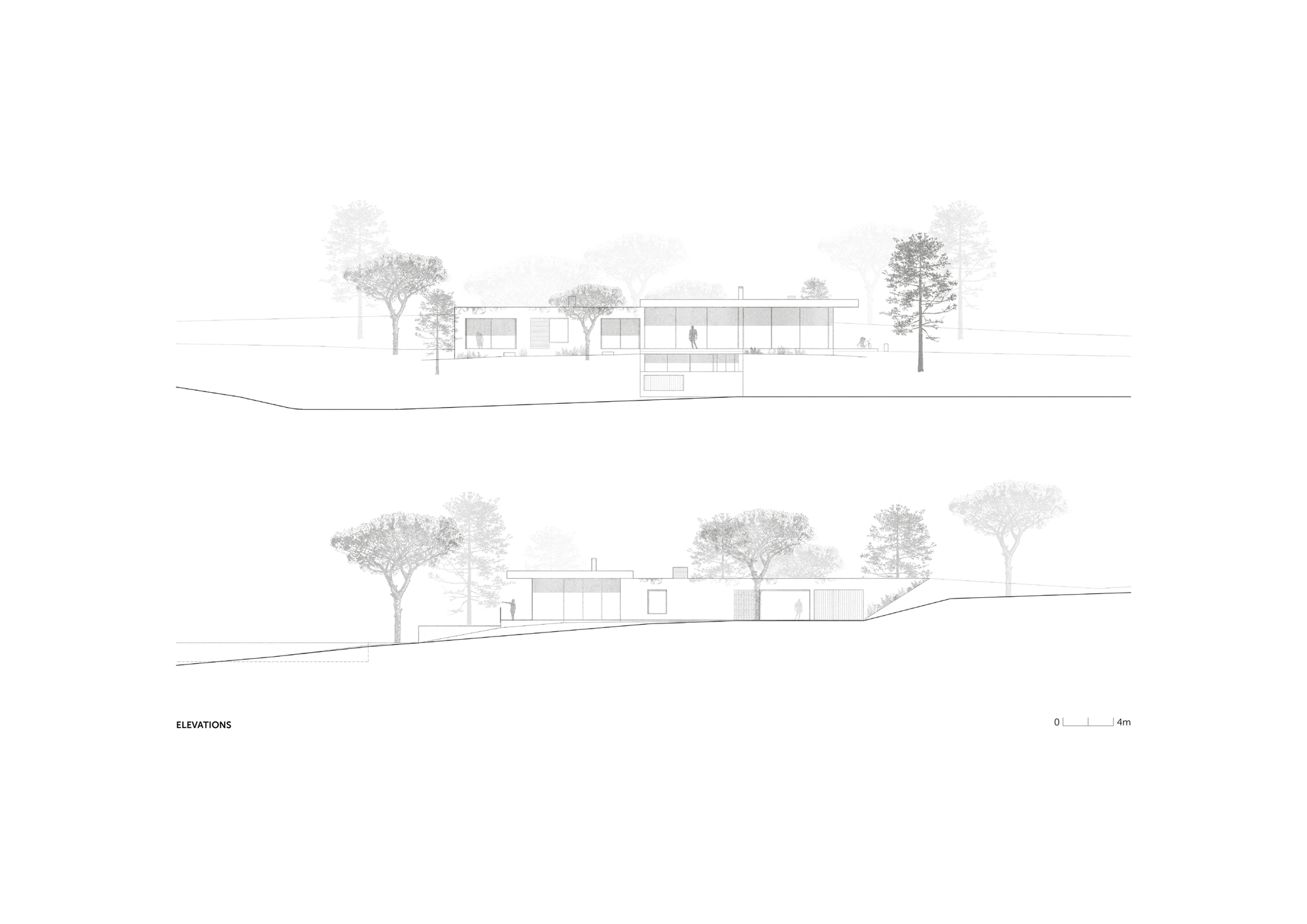 Two elevation drawings of the long low house with glazed walls and a flat roof, framed by pine trees on a slope
