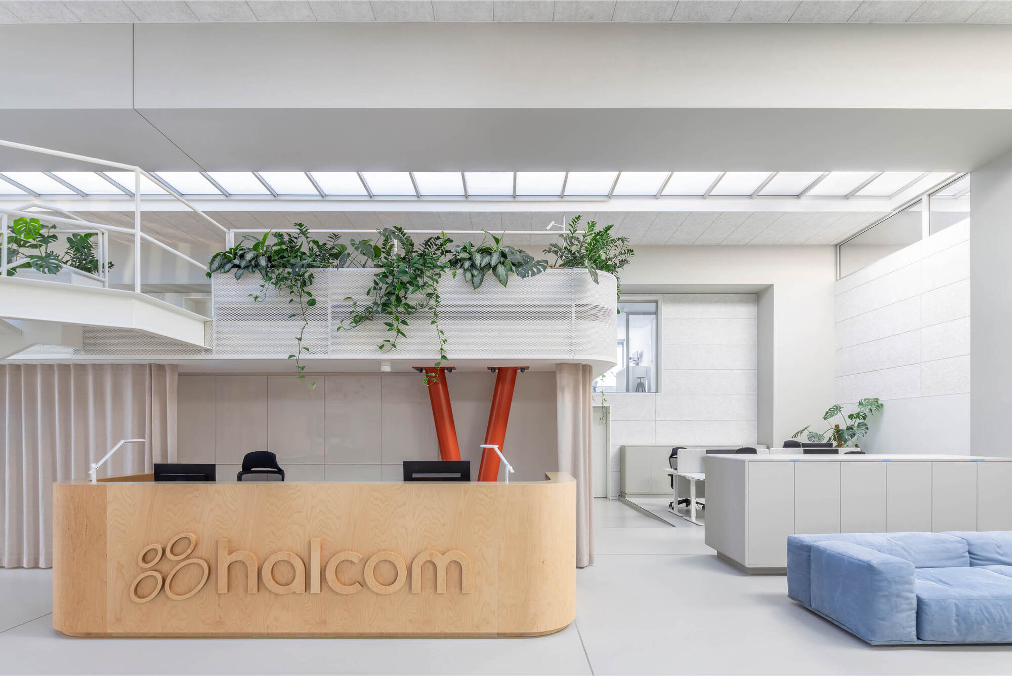 Reception desk with cut-out wooden lettering below a planted mezzanine, with a blue sofa and desks in soft daylight