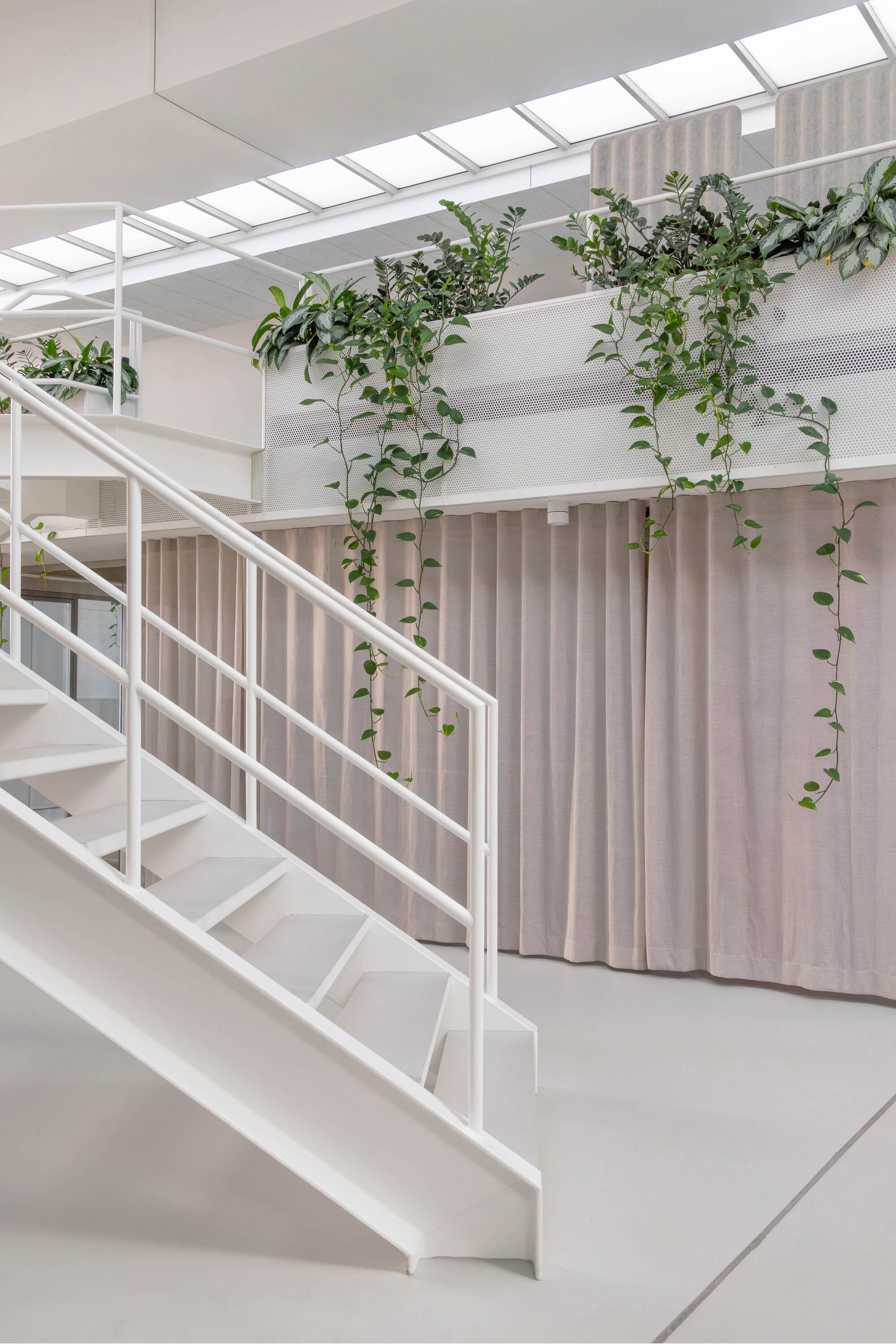 White steel staircase beside a linen curtain and perforated planter with trailing vines under skylight daylight