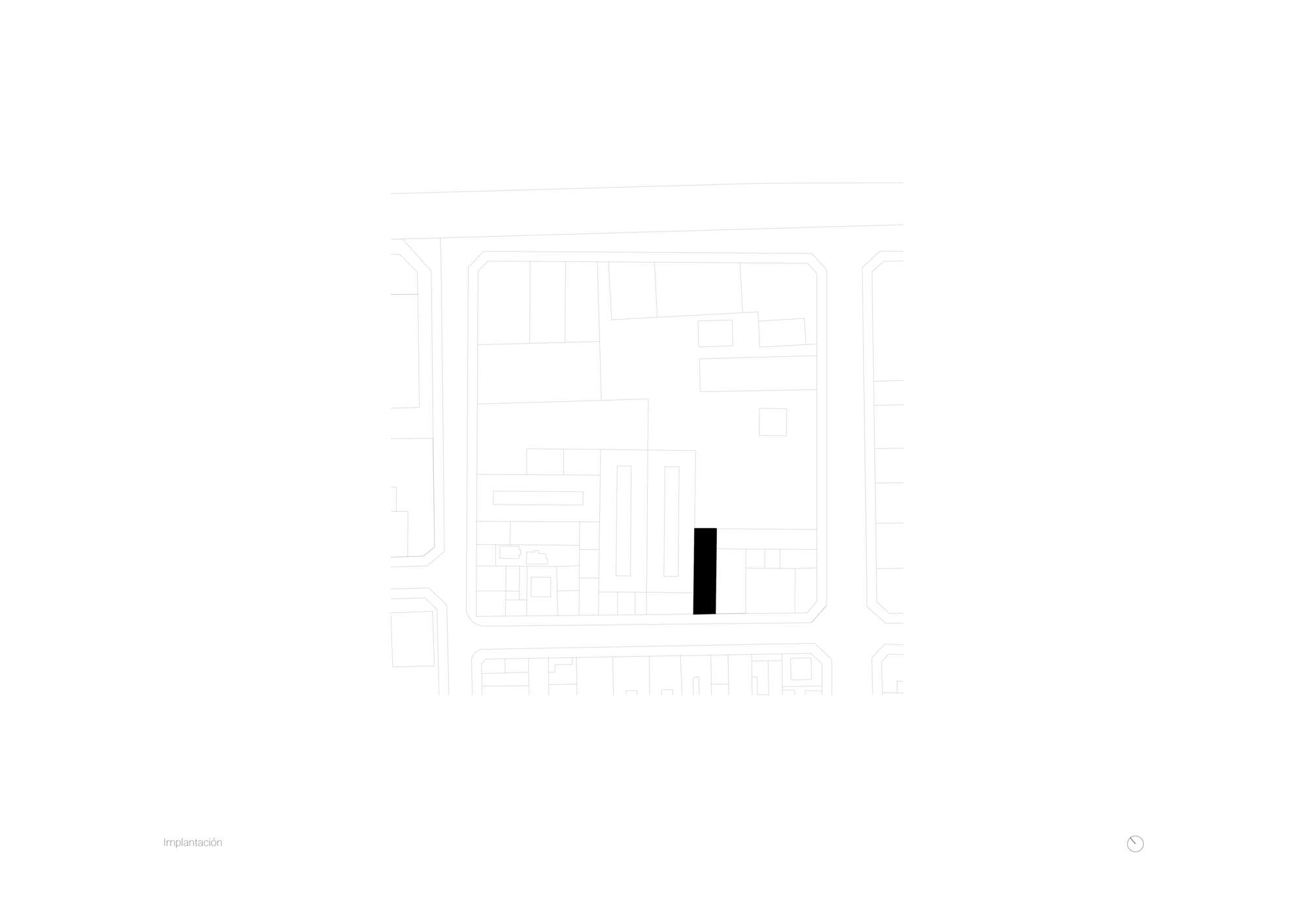 Site plan drawing showing a single narrow black building footprint set within a city block of lighter surrounding structures and streets