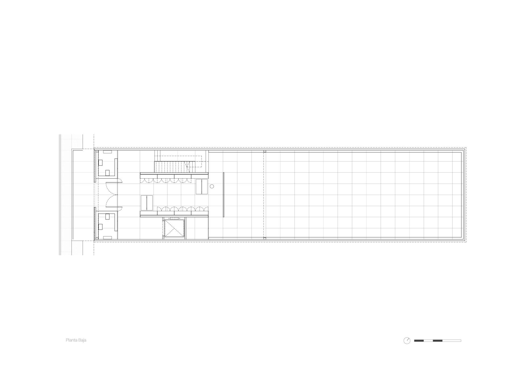 Ground floor plan drawing of a long rectangular building with a service core, stair and lift at left and a gridded open hall at right