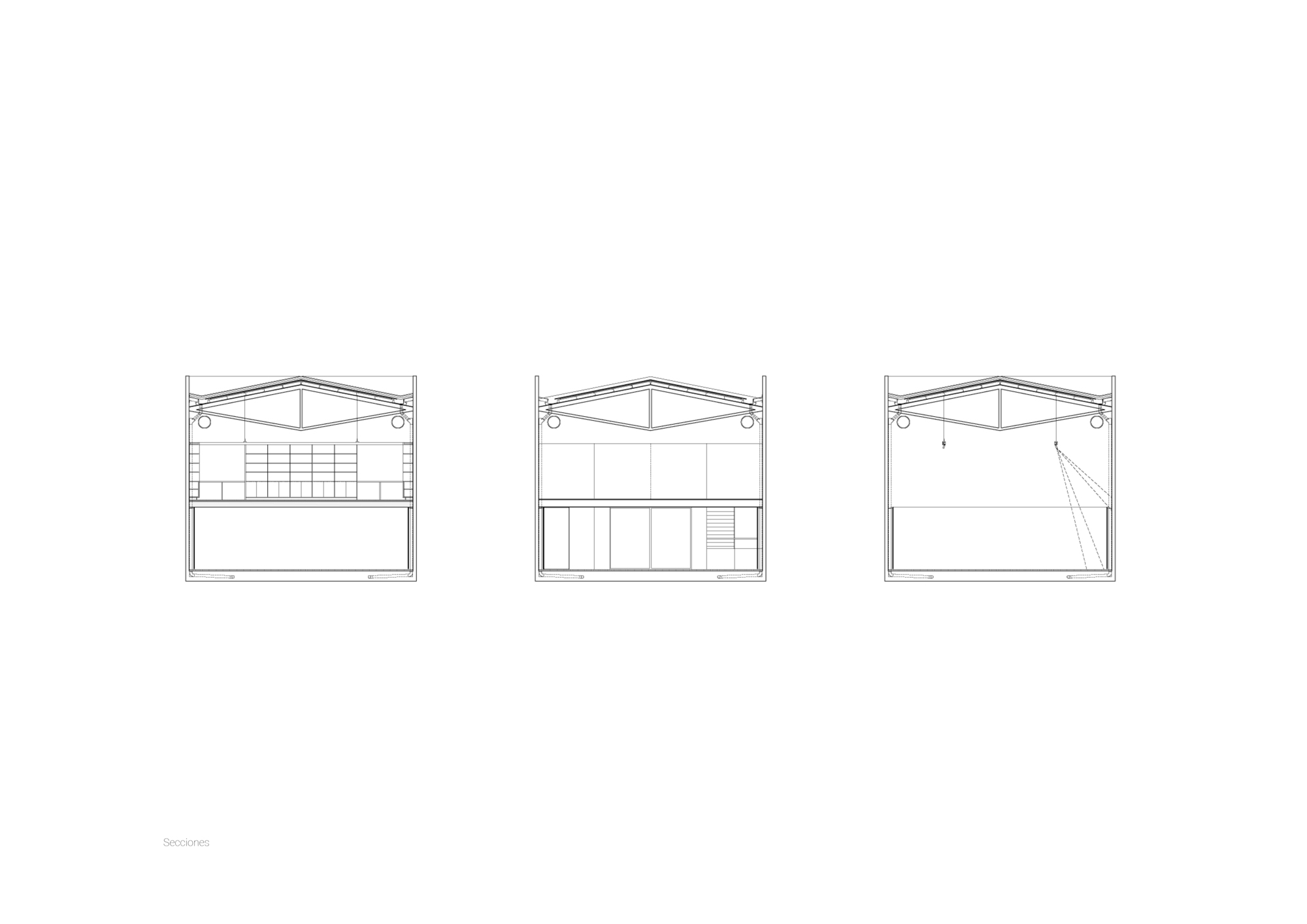 Three cross section drawings of the gabled building showing a trussed roof, a mezzanine with shelving and a glazed lower level