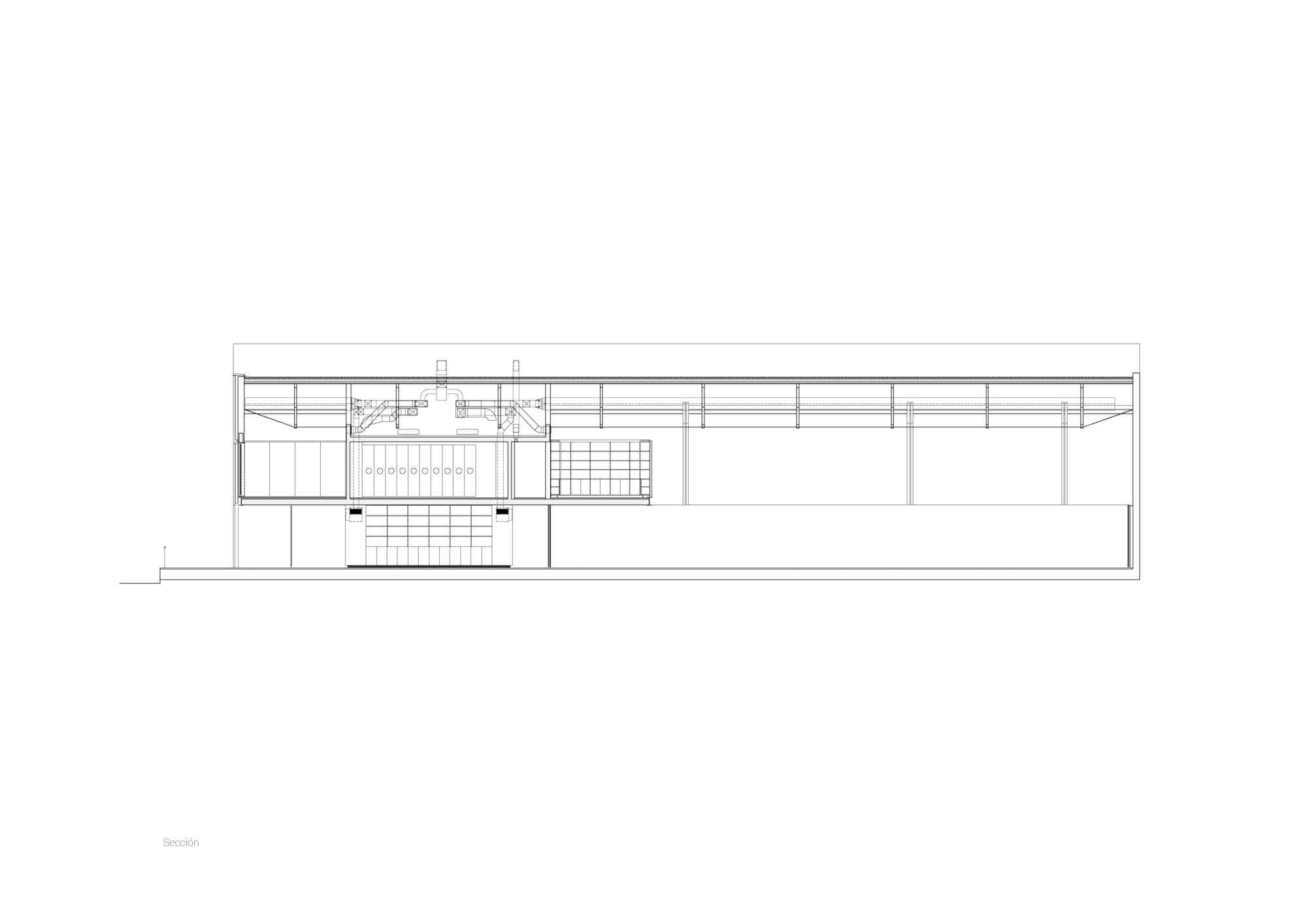 Long section drawing through the building showing roof trusses, a mezzanine core with ductwork and a tall open hall on the right