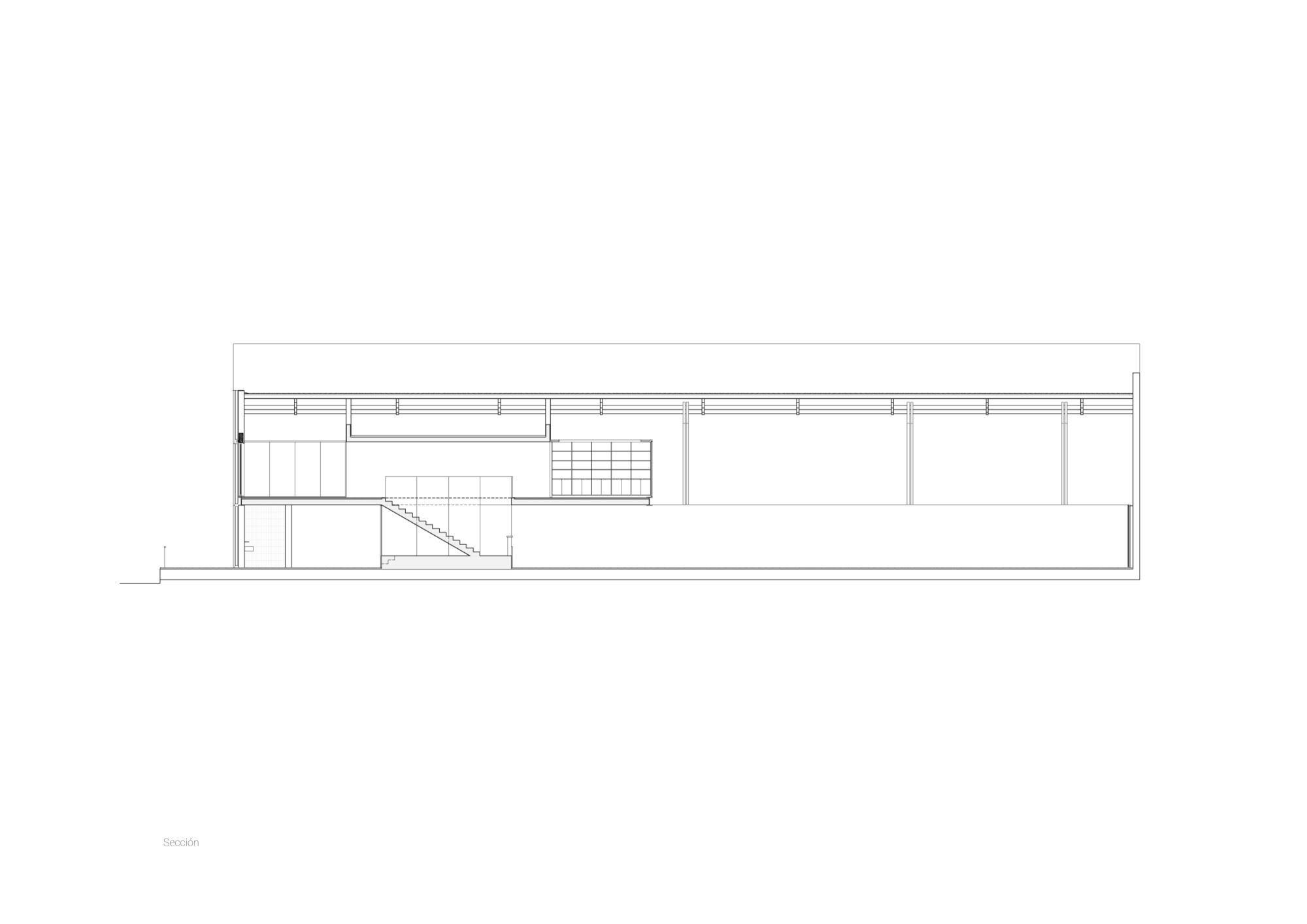 Long section drawing showing a stair descending beside the mezzanine, with a column-lined hall under a flat roof structure