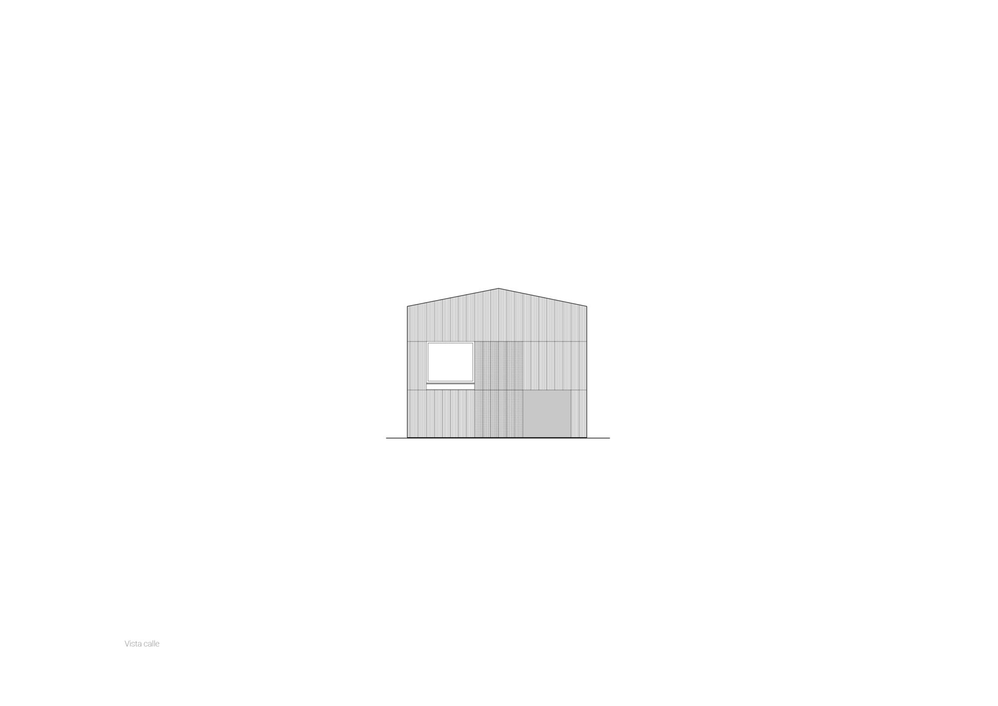 Street elevation drawing of a gabled house clad in vertical boards, with one square window and a darker panel at lower right