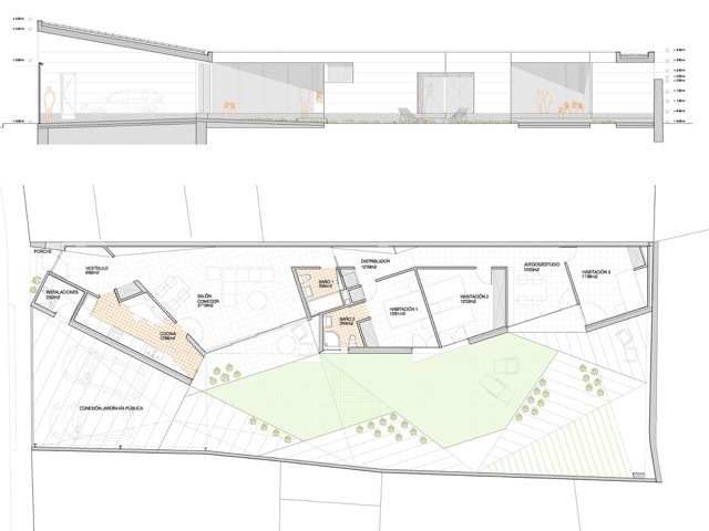 Section drawing above a floor plan showing living room, kitchen, bedrooms and bathrooms arranged around an angular garden with scattered trees