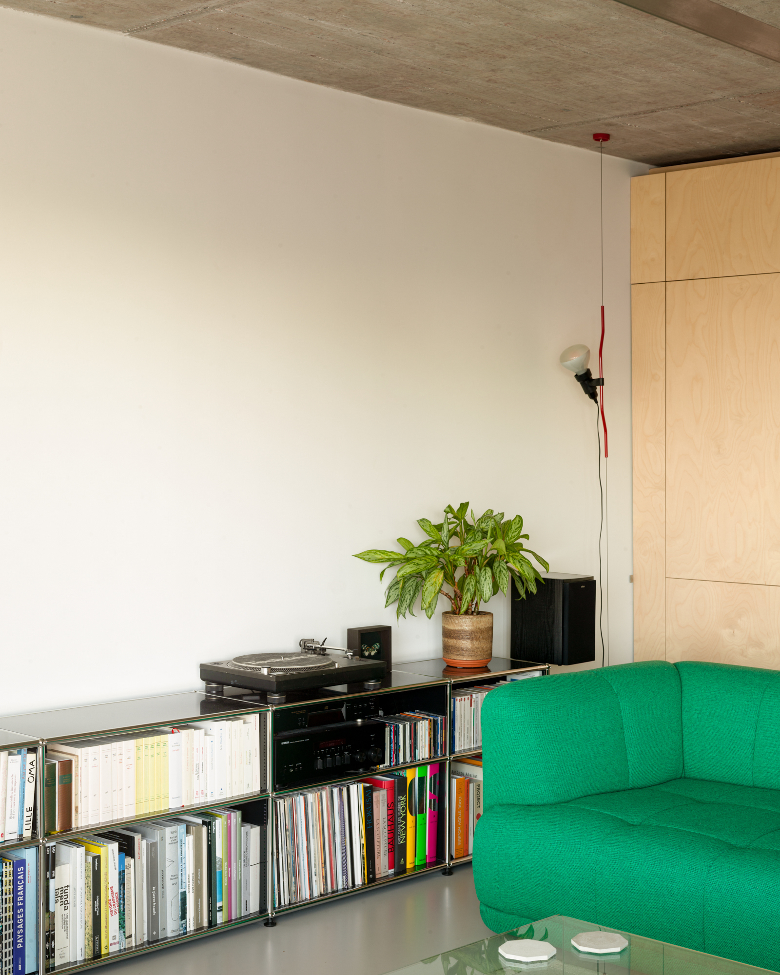 Turntable, amplifier and potted plant on a low book shelf beside a green sofa and birch plywood cabinets