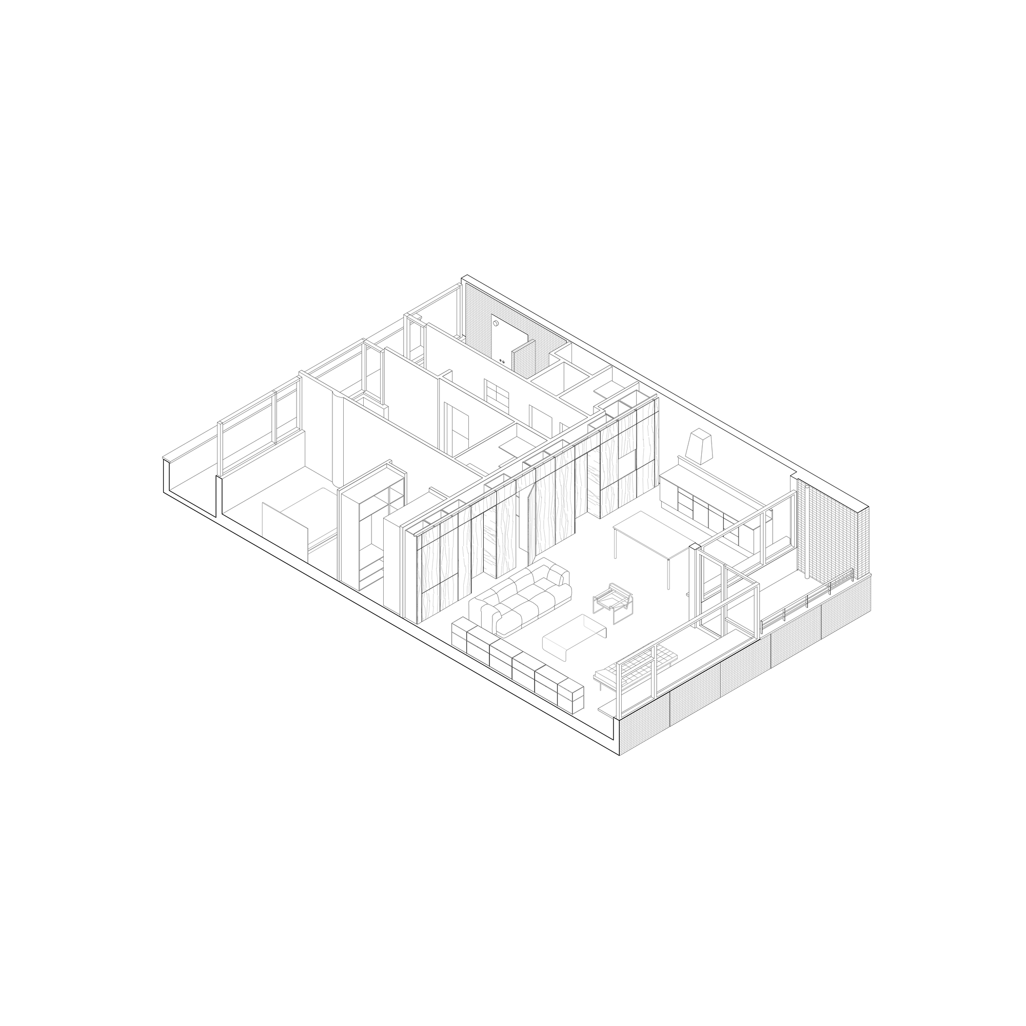 Axonometric drawing of the apartment with cut-away walls showing bedrooms, a long storage wall, and furniture in the open living space