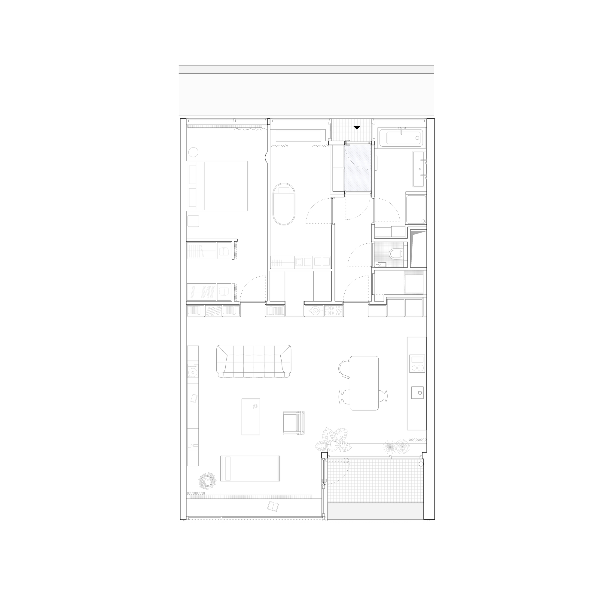 Floor plan drawing of the renovated apartment with furnished living area, balcony, two bedrooms, bathroom and a storage wall along the corridor edge