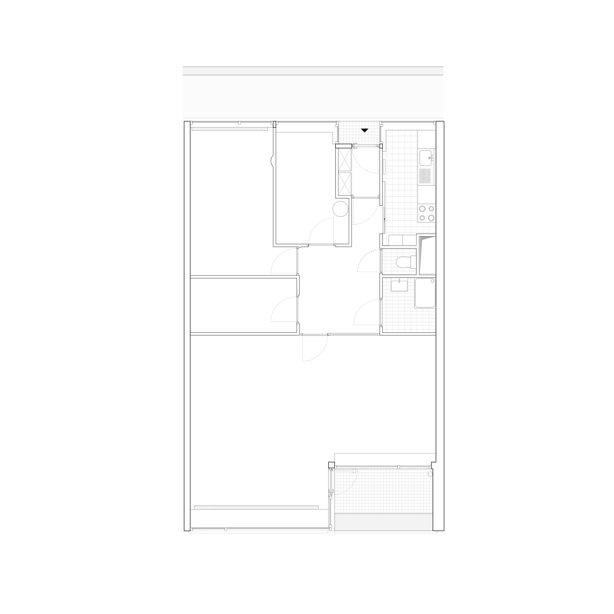 Floor plan drawing of the existing apartment layout showing a compartmented core of small rooms, kitchen strip, bathroom and an empty living space