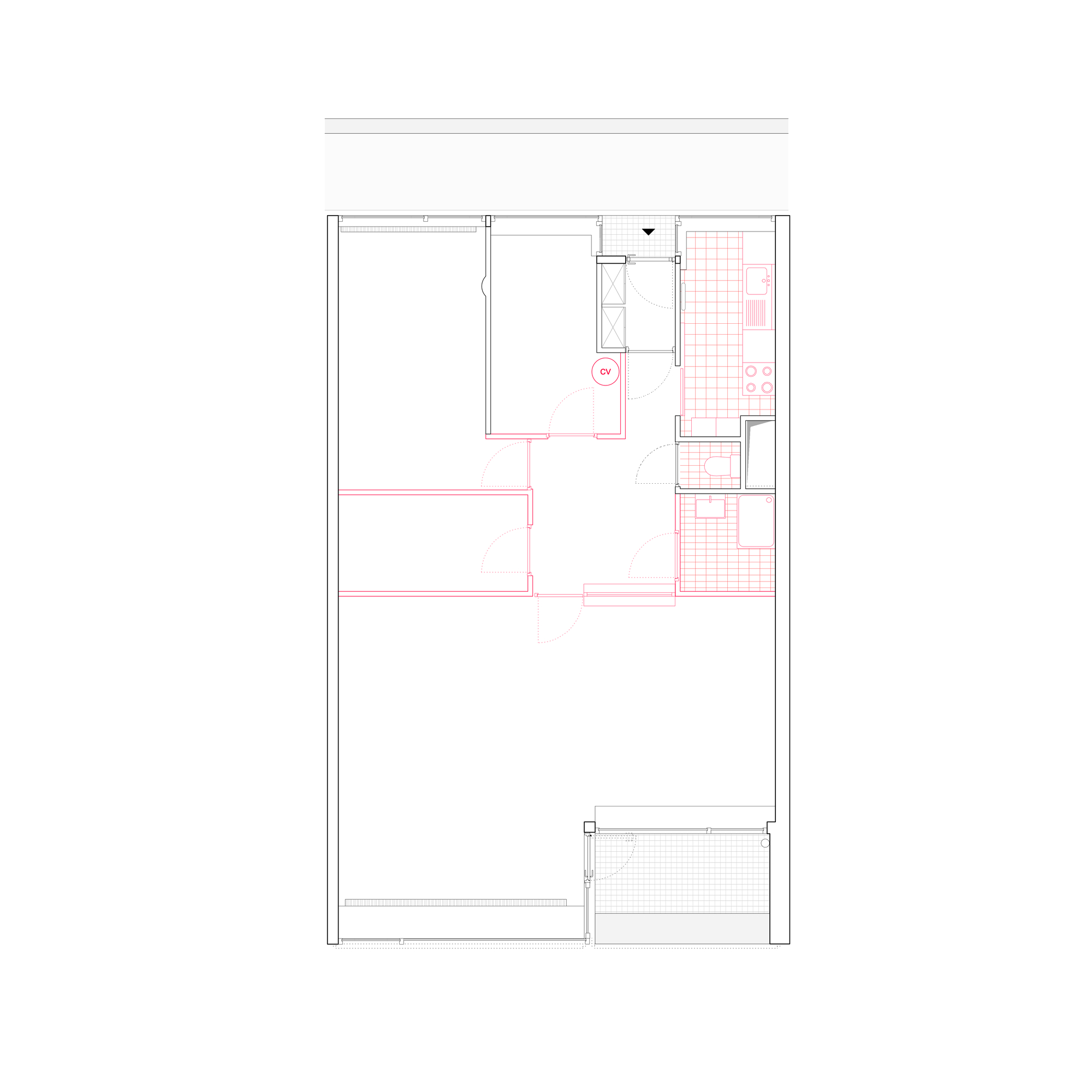 Demolition plan drawing of the apartment with red lines marking walls and fixtures to be removed from the existing layout