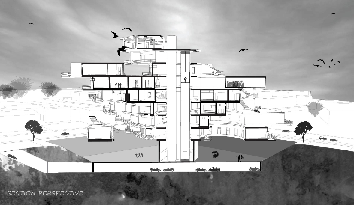 Section perspective drawing cutting through a tiered residential tower with a central core, underground parking and birds against a cloudy sky. Image: Peyton Matthew