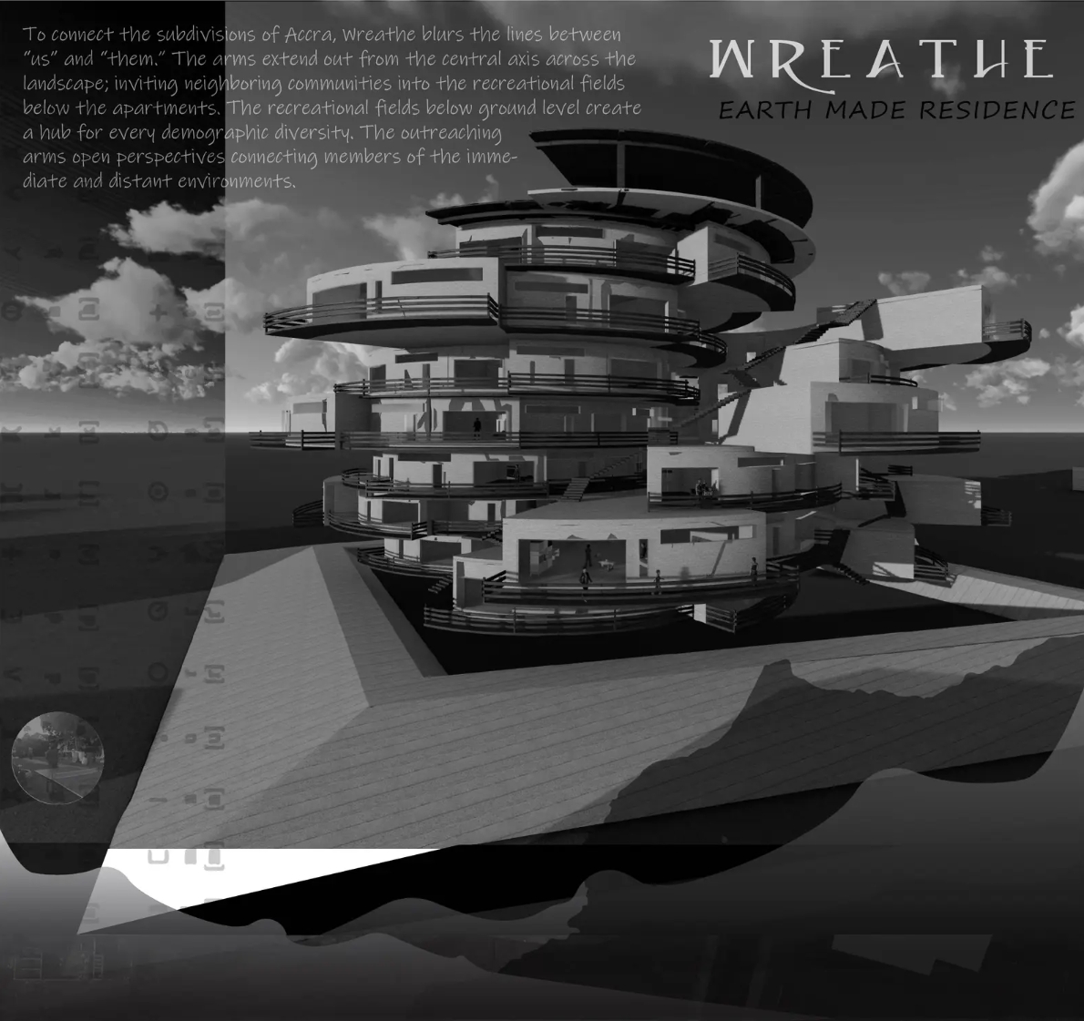 Rendering of stacked circular apartment terraces with railed balconies and stairs rising above a sunken field under scattered clouds. Image: Peyton Matthew