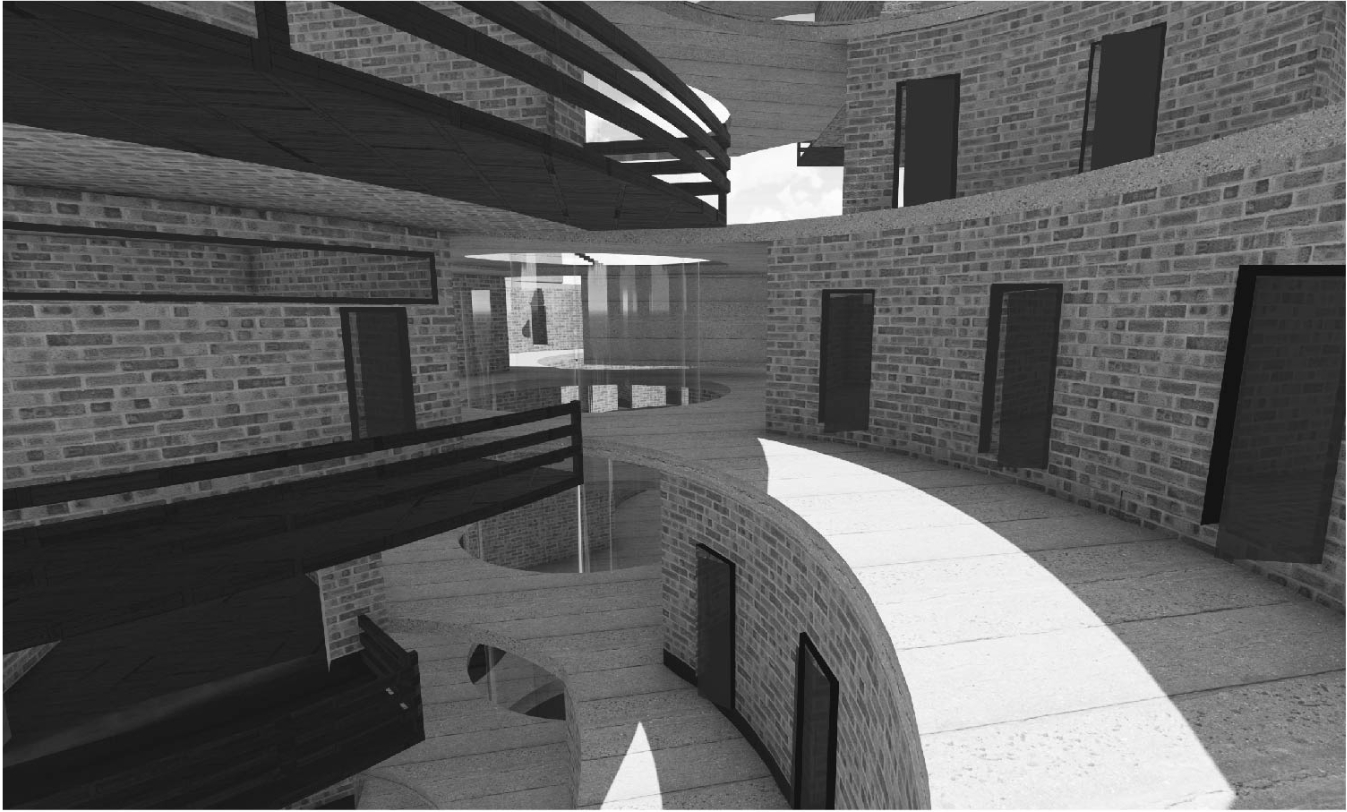 Interior courtyard rendering with curved brick walls, dark doors and timber balconies, with sunlight falling across the circular walkway. Image: Peyton Matthew