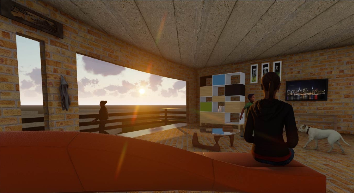 Living room rendering with brick walls and a seated figure on an orange sofa facing a sunset through the open balcony. Image: Peyton Matthew