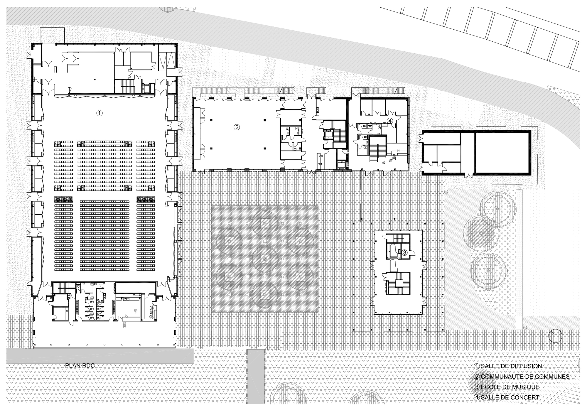 Ground floor plan drawing showing a large tiered auditorium, smaller volumes and a paved square with a grid of seven circular tree beds