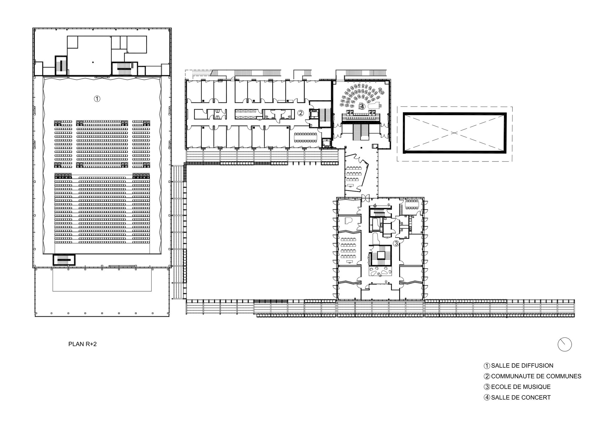 Upper floor plan drawing showing the auditorium seating, office wings, a small tiered concert room and connecting walkways around an open courtyard