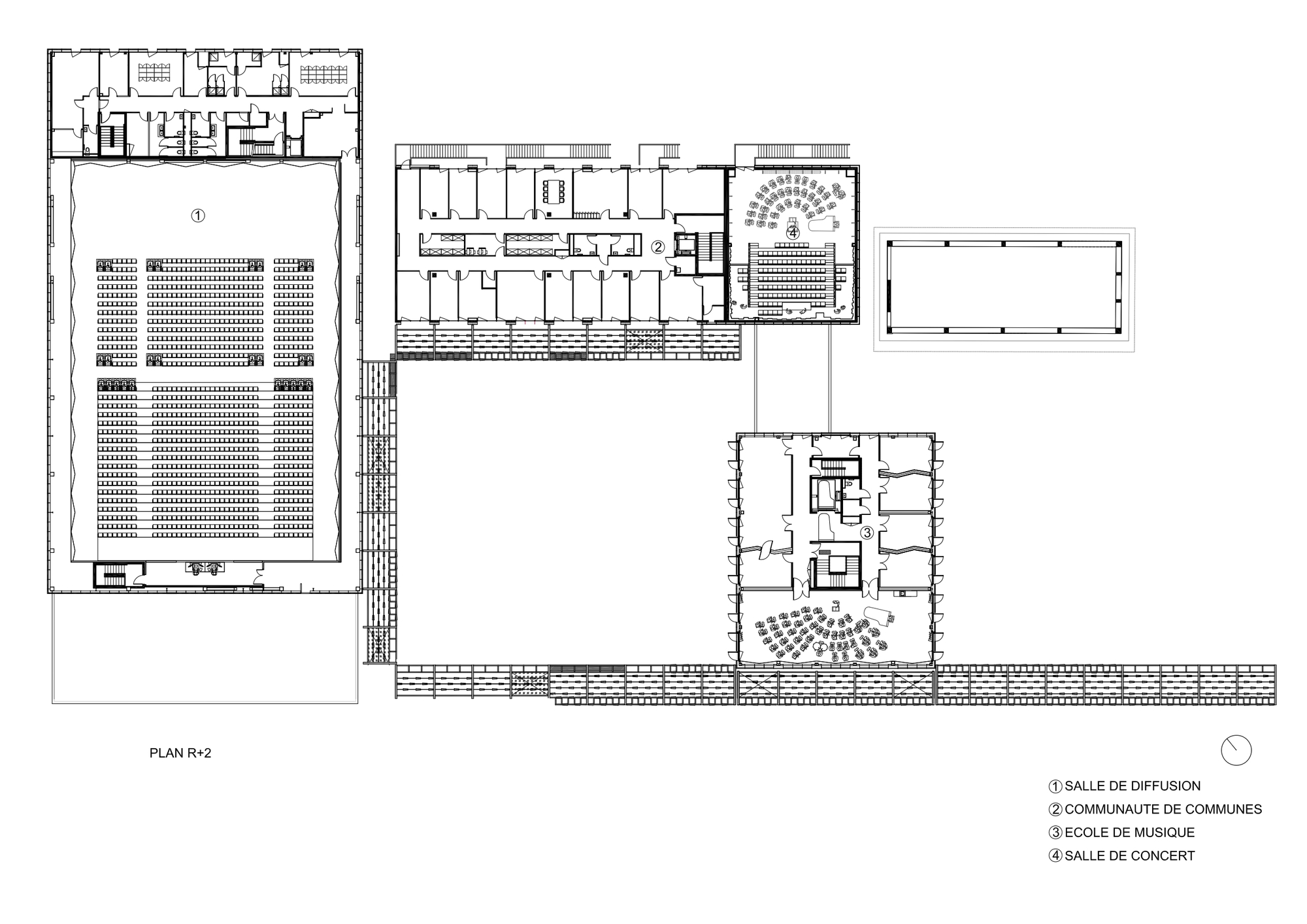 Second floor plan drawing of the auditorium, office block, music school and concert hall, linked by perimeter walkways