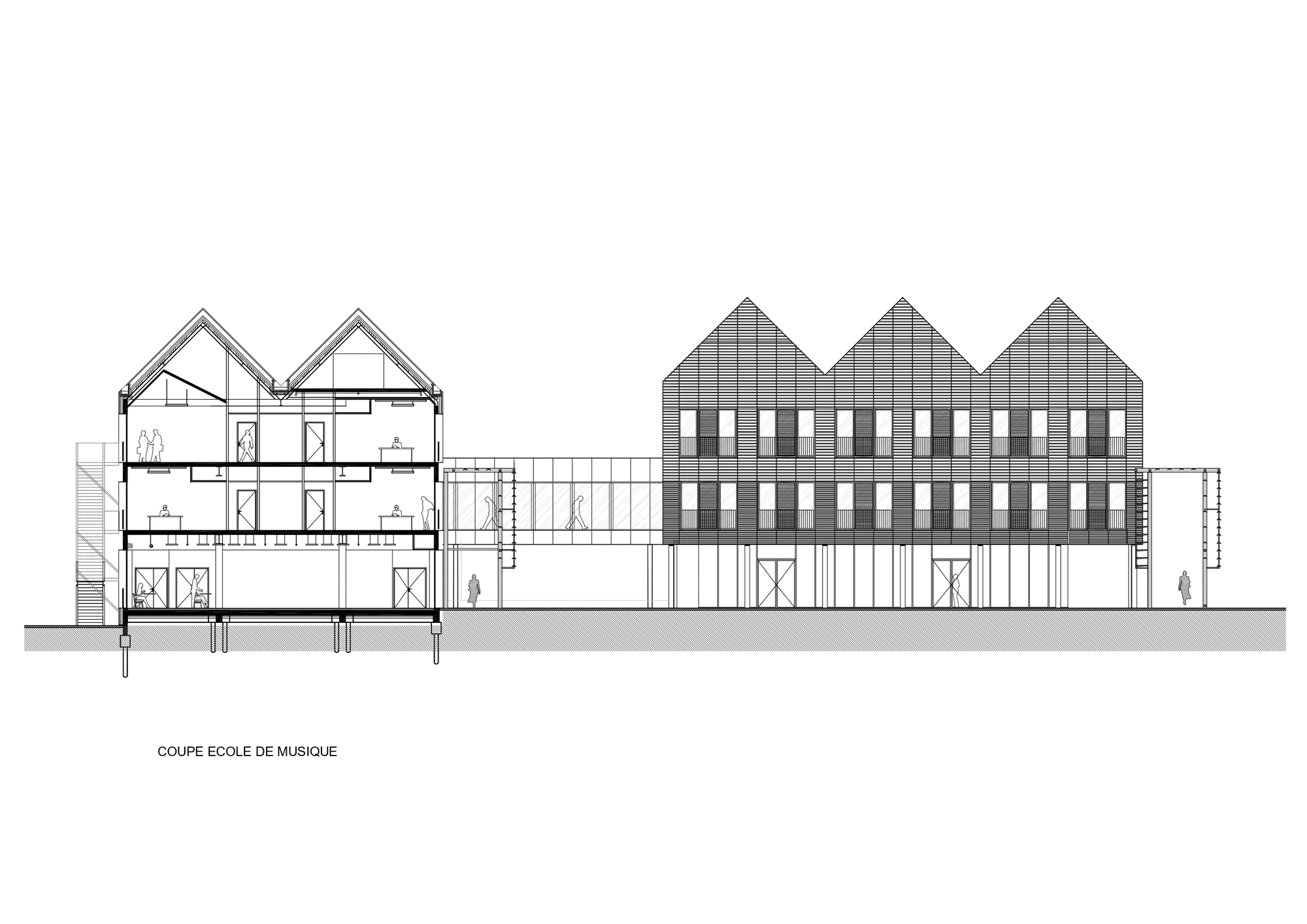Section drawing of a music school with twin gabled classroom floors, a glazed footbridge and a three-gable slatted facade beyond