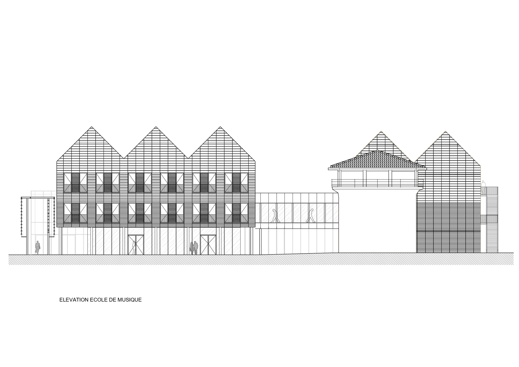 Elevation drawing of a three-gable slatted music school block linked by a glazed bridge to a hipped-roof tower and taller gabled volume
