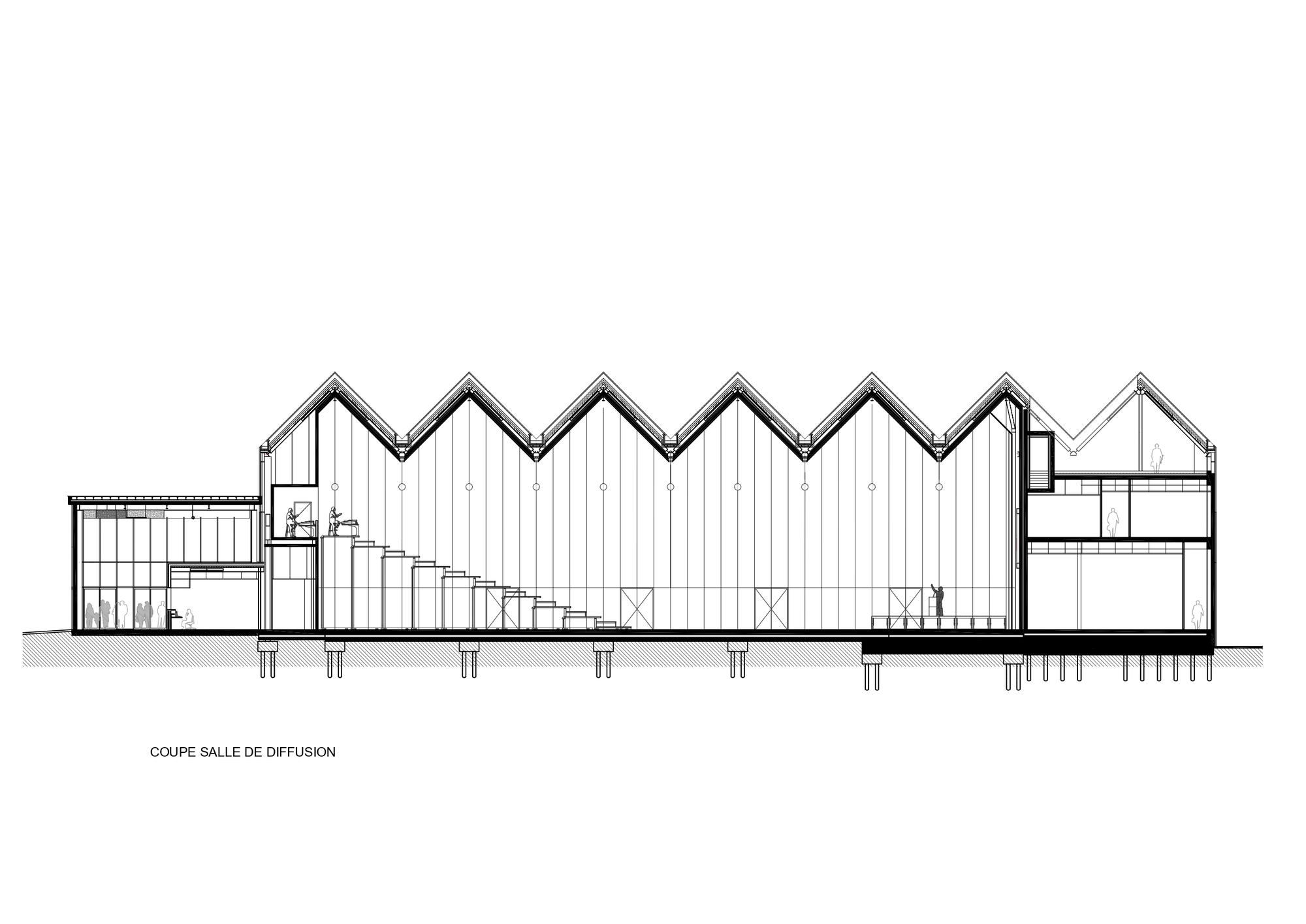 Longitudinal section drawing of a performance hall with sawtooth roof, stepped tiered seating and a stack of rooms on pile foundations