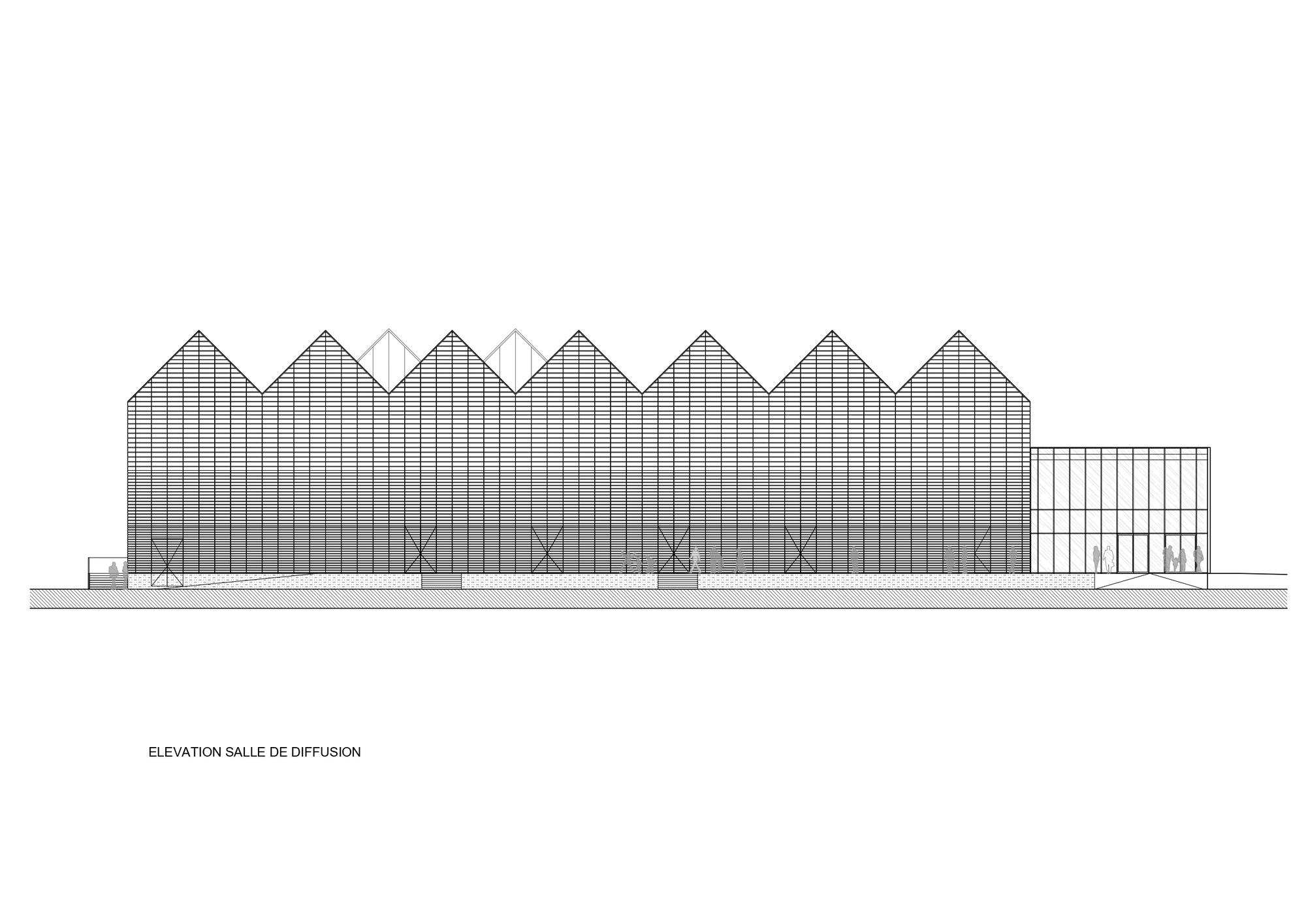Elevation drawing of a long performance hall with seven slatted gables, cross-braced base panels and a glazed entrance volume at right