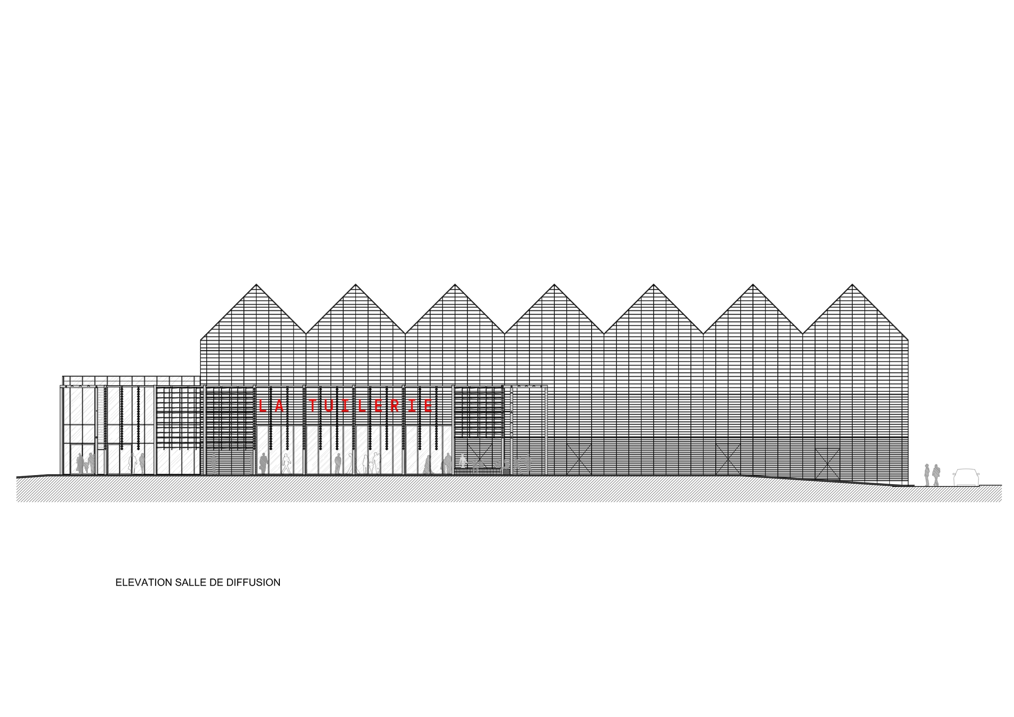 Elevation drawing of the performance hall entrance side with red lettering on a glazed foyer and seven slatted gables behind