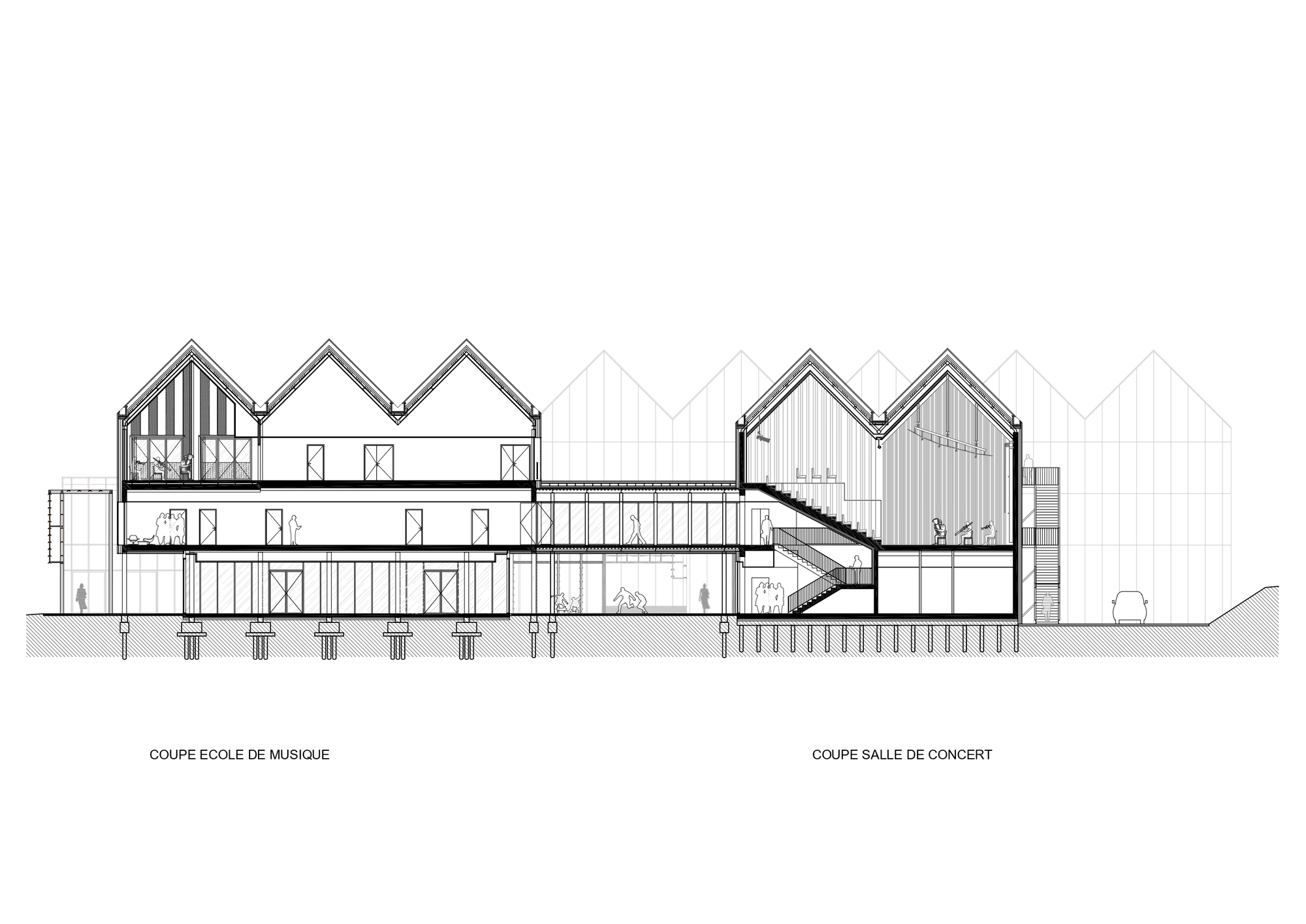 Paired section drawing cutting through the music school and the concert hall, showing a connecting bridge, a staircase and raked seating