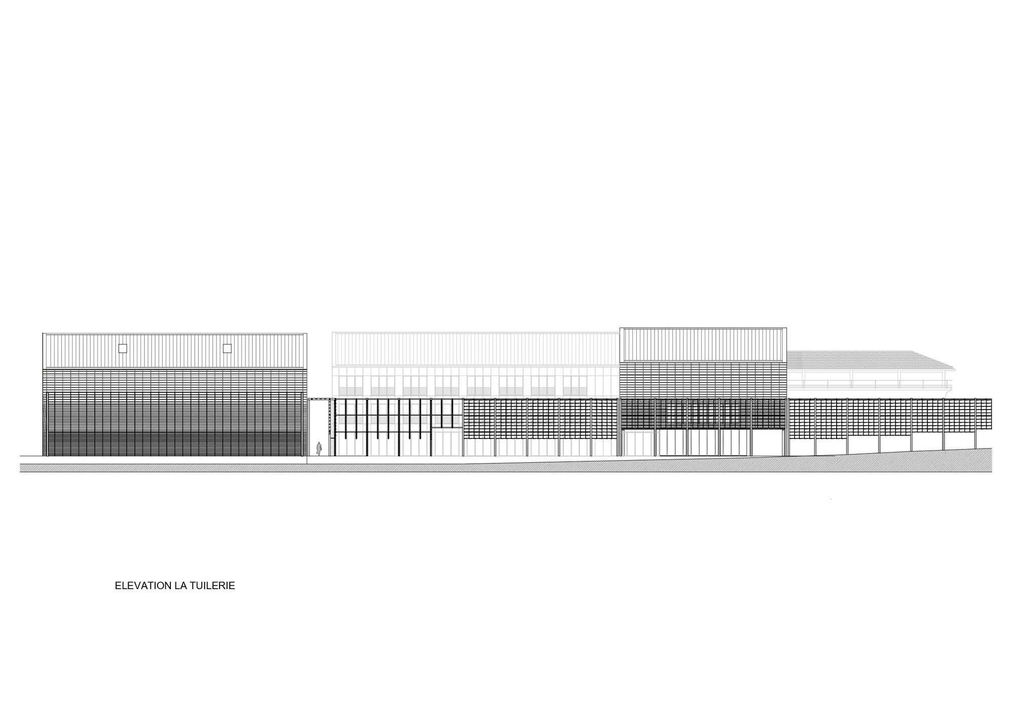 Elevation drawing of a long, low building with gabled volumes, a screened lower facade and a small standing figure for scale