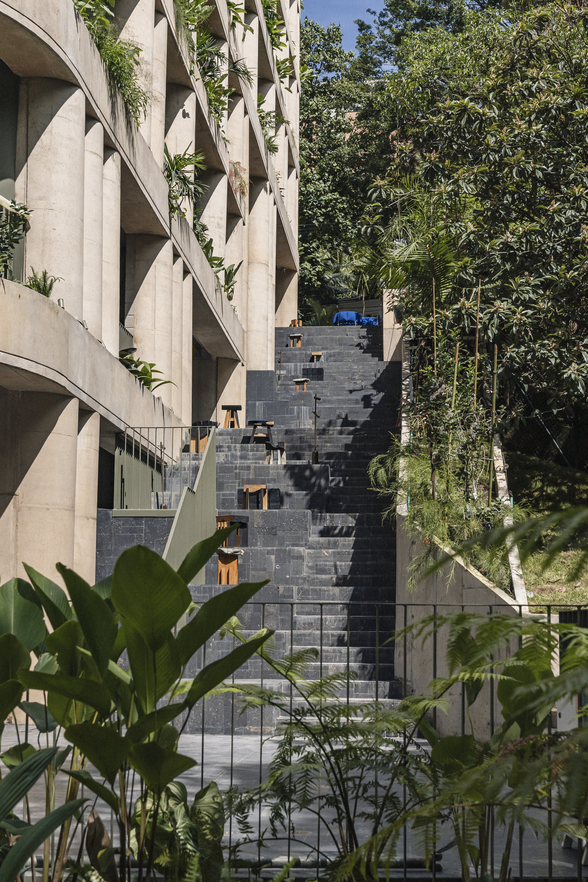 Dark stone stairway with wooden stools between curved concrete balconies and ferns, lit by dappled sunlight